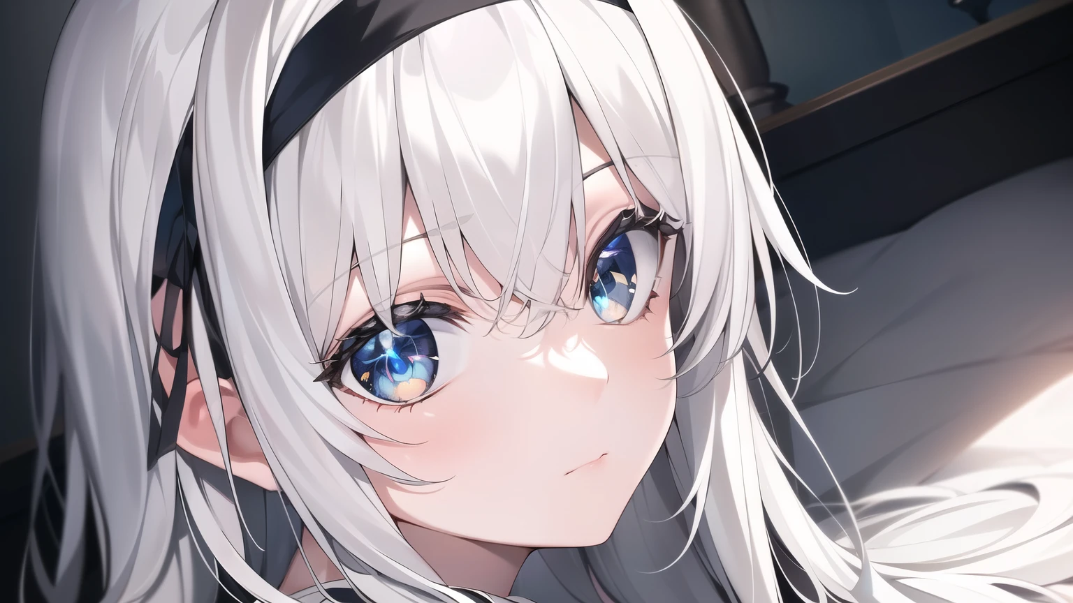 Anime girl with long white hair and blue eyes in bed - SeaArt AI