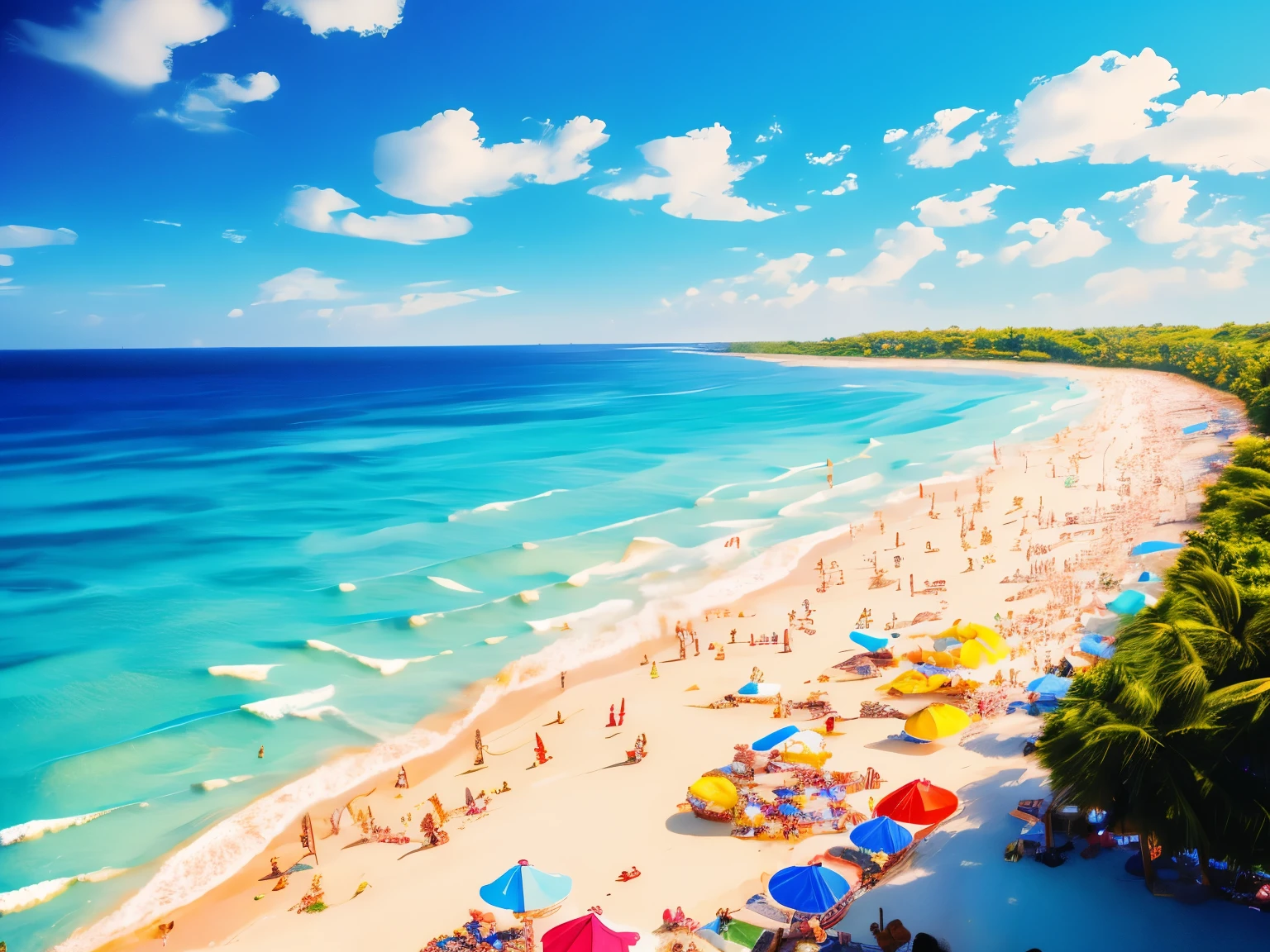 best quality, beach , overflowing crowd of people, big crowd, sparkling sea, white sand beach, pastel color, vivid color, motion-blur, action-lines, speed-lines