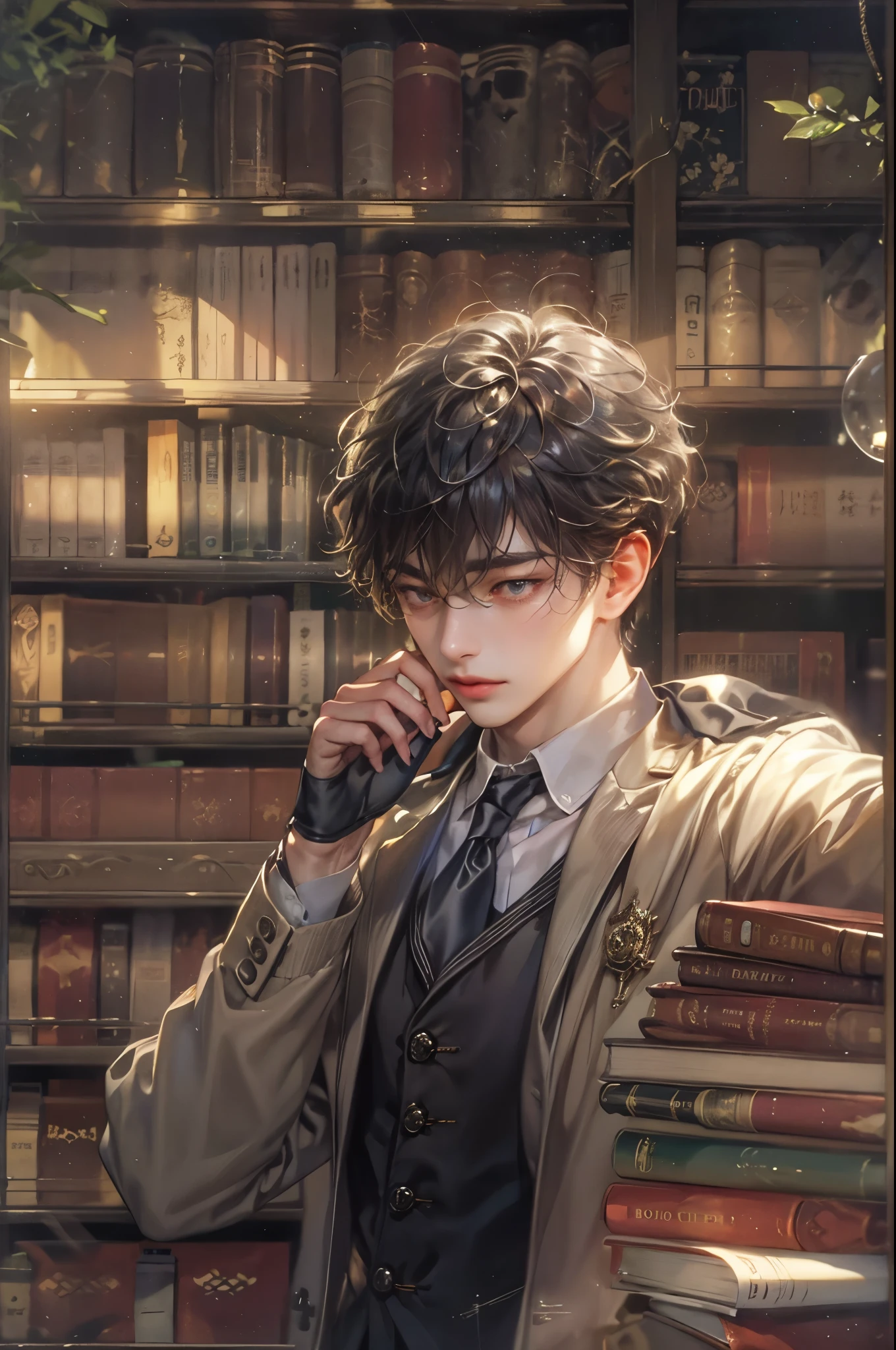 ((Best quality)), ((masterpiece)), (detailed), ((perfect face)), ((halfbody)) handsome face, male, teen boy, perfect proportions , a character from anime ashita no nadja, phantom thief outfit, detailed library interior scenery background