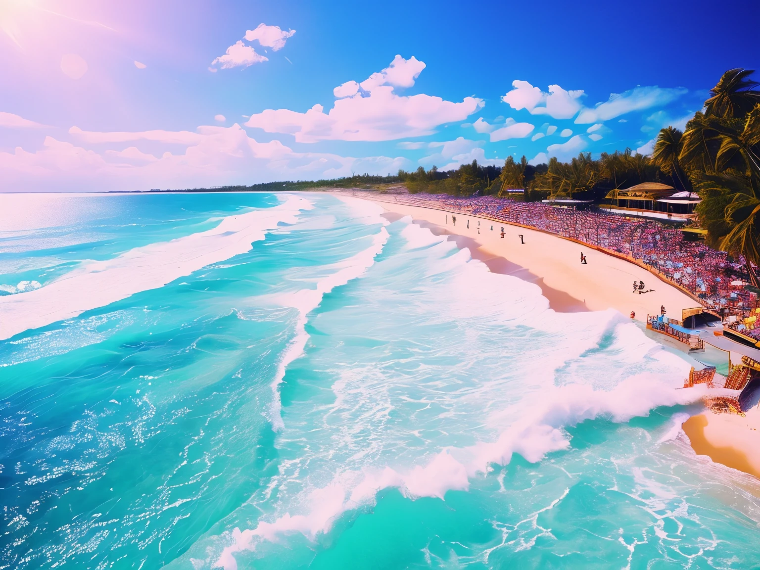 negative/positive reversal, best quality, beach , overflowing crowd of people, big crowd, sparkling sea, white sand beach, pastel color, vivid color, motion-blur, action-lines, speed-lines