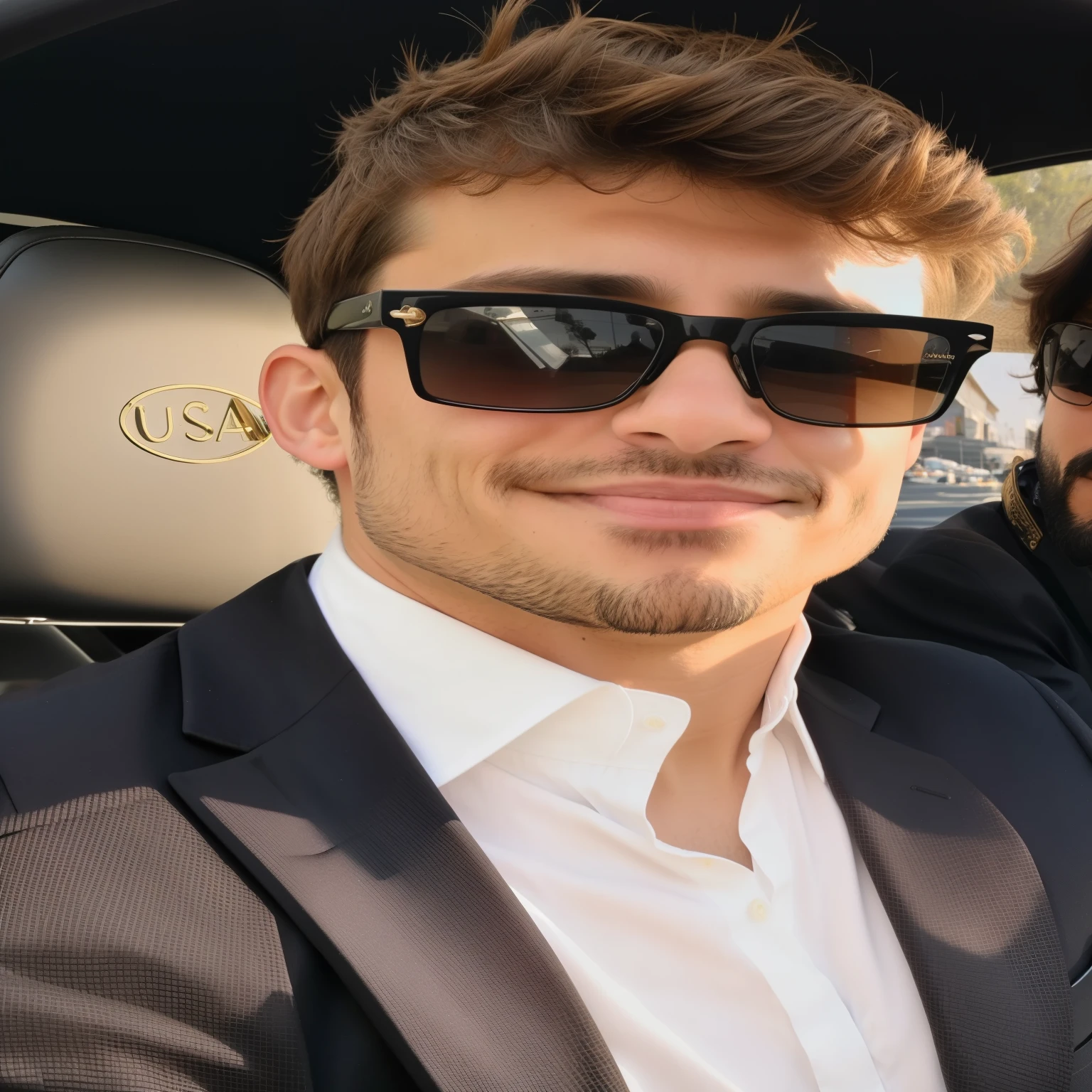 hay un hombre con traje y gafas de sol sentado en un auto, f 1 conductor charles leclerc, con gafas de soles, usando gafas de sol versace, en traje con gafas negras, Vistiendo traje y gafas, usando sombras, cara muy guapa!!, Hombre guapo, guapo y atractivo, foto de Snapchat, con gafas de sol, cabello negro oscuro y tiene barba
