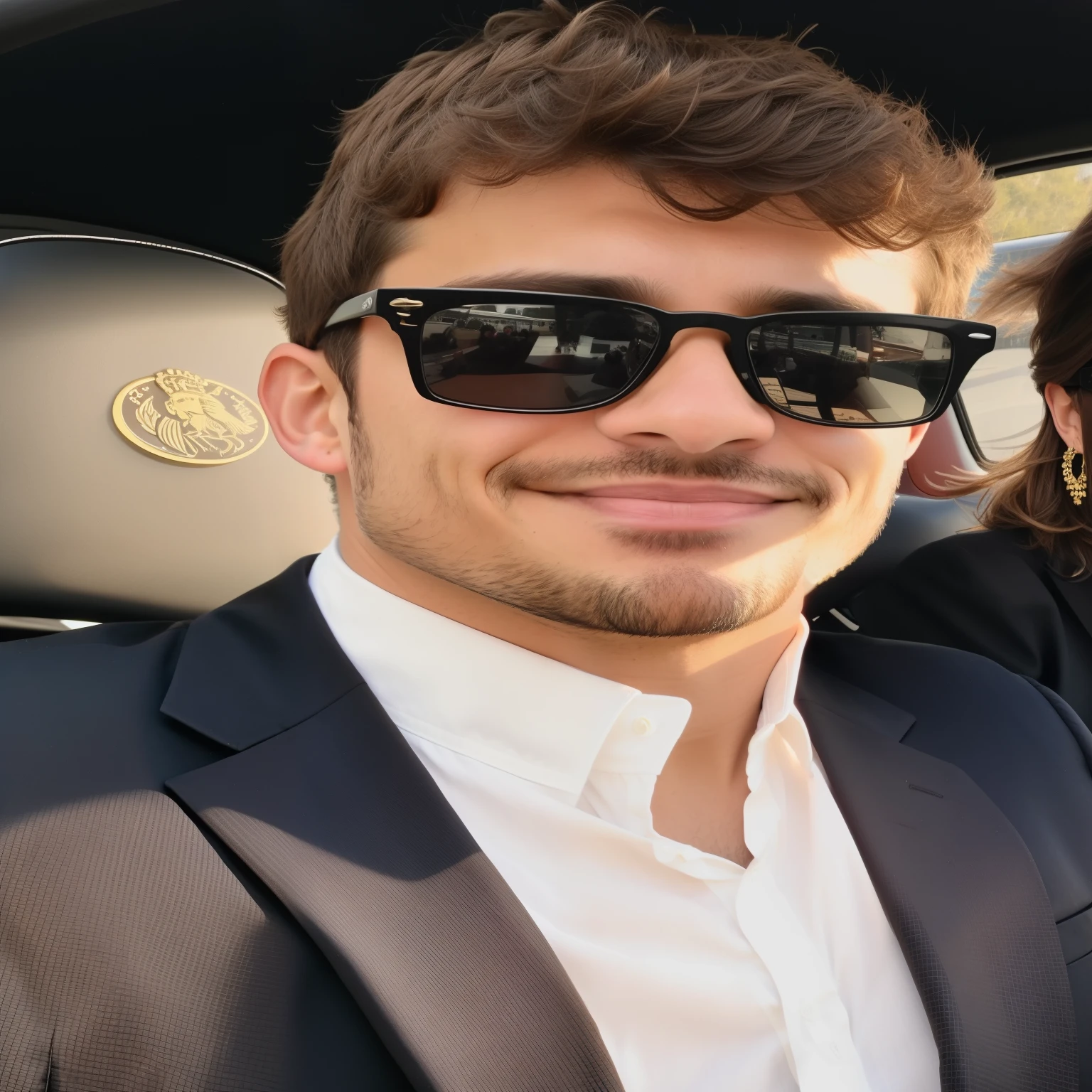 hay un hombre con traje y gafas de sol sentado en un auto, f 1 conductor charles leclerc, con gafas de soles, usando gafas de sol versace, en traje con gafas negras, Vistiendo traje y gafas, usando sombras, cara muy guapa!!, Hombre guapo, guapo y atractivo, foto de Snapchat, con gafas de sol, cabello negro oscuro y tiene barba