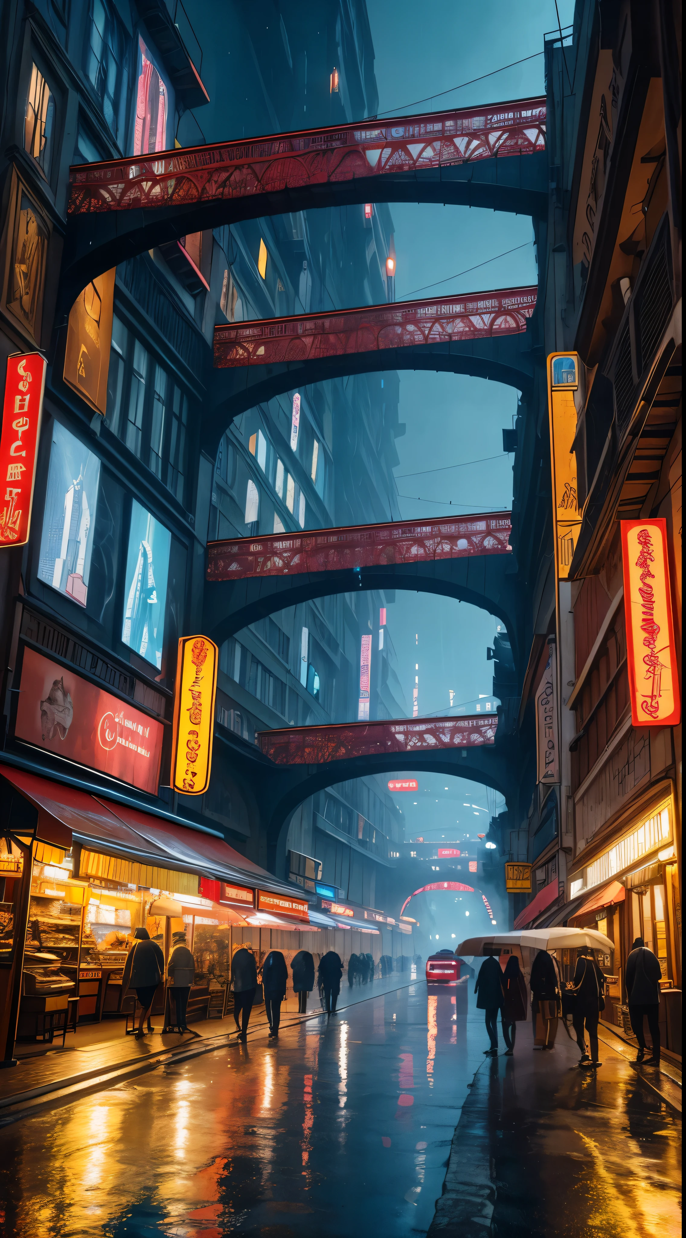 Create a masterpiece of a Futurist era city scene with intricate detail and high-quality realism. The city is characterized by deep gorges in the middle, architectural streets that blend European and cyberpunk styles. Bazaars are bustling with activity, vibrant neon lights illuminating the rainy night. The scene is filled with intricate structures, including architectural bridges that span the gorges. The thick fog adds to the mystique of the city, creating an atmosphere of wonder and fascination. Motorcycles equipped with futuristic designs zoom through the rain-soaked streets, completing the captivating and visually stunning image.