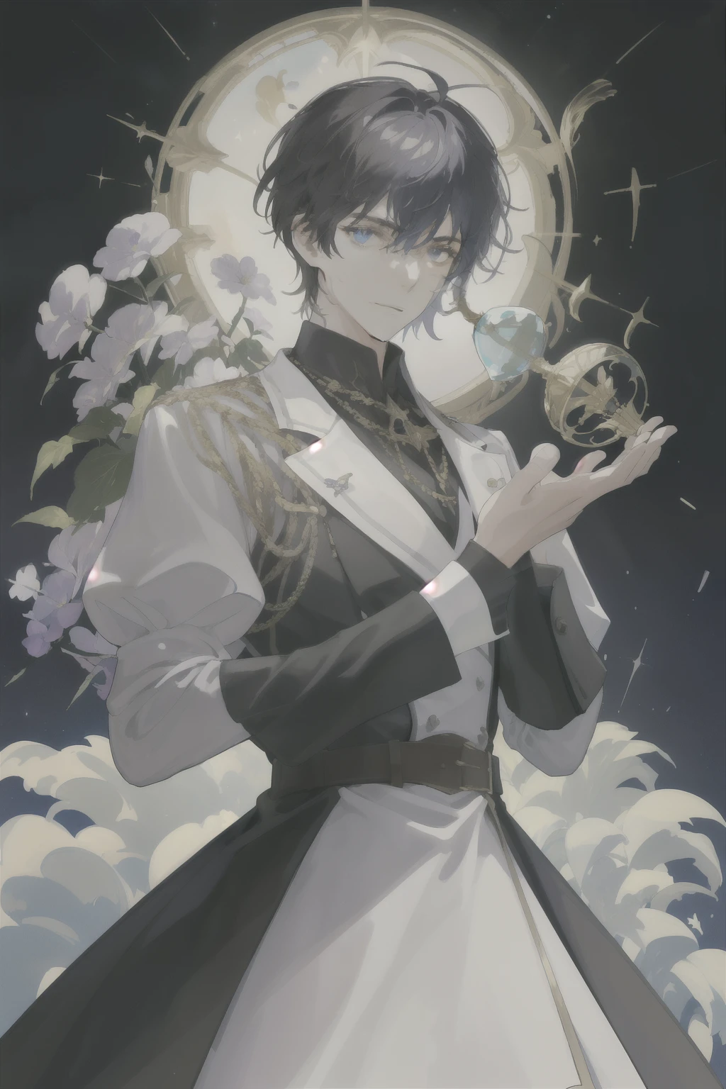 chef-d'artwork, best quality, 1 male, adulte, mature, grand gars musclé, Dark theme, cercle magique, Bulle, arc-en-ciel, Sunlight, souarin, morceau de verre flottant, Rainbow light, Bulle tourbillonnante, vent tourbillonnant, aurore, paysage fantastique, Starlight around the character, (haut du corps)