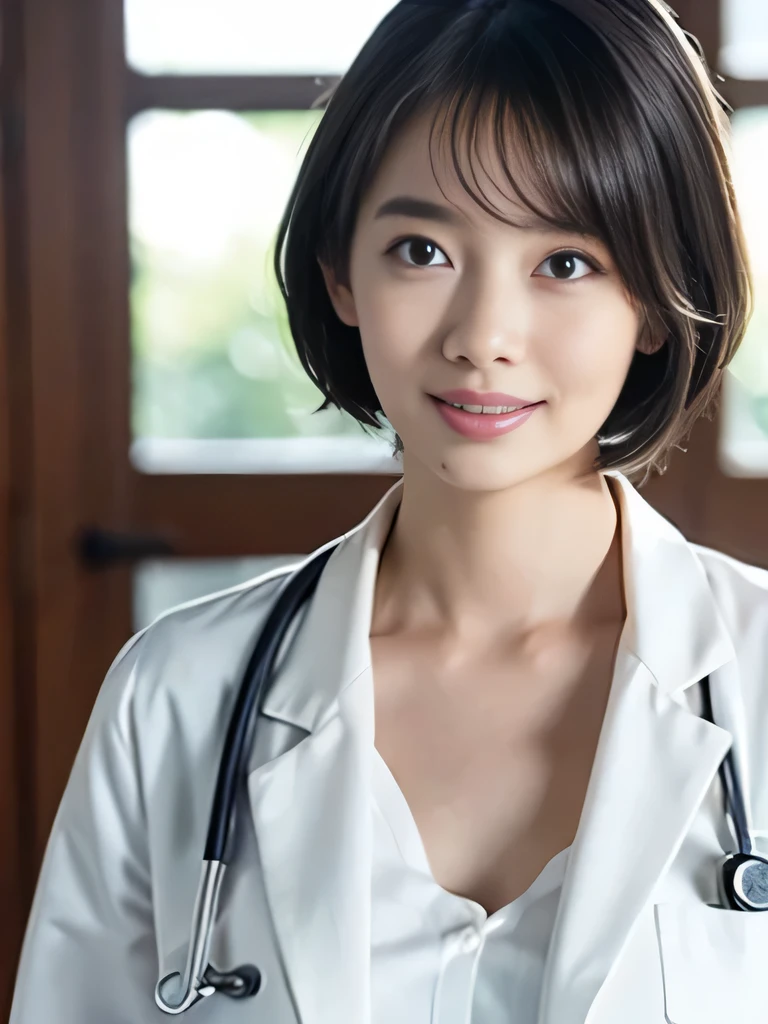 NSFW,highest quality,excellent details,ultra high resolution,1 girl, ,A big smile,teeth,Big eyes,Draw faces in detail,bob hair,looking at camera, actress,doctor&#39;S in white, white collar long shirt,purple surgical gown,Stethoscope,Corridors of the hospital of the future,pants