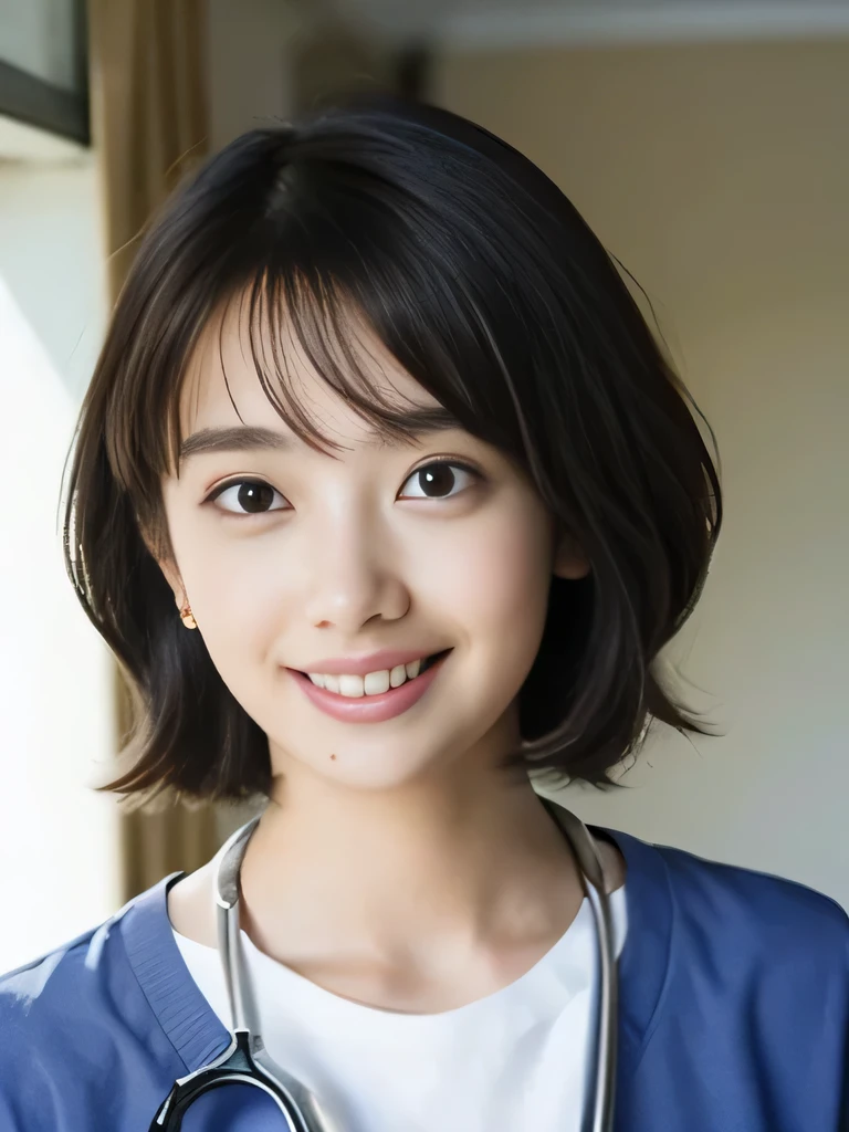 NSFW,highest quality,excellent details,ultra high resolution,1 girl, ,A big smile,teeth,Big eyes,Draw faces in detail,bob hair,looking at camera, actress,Blue surgical suit,Stethoscope,hospital hallway,waist