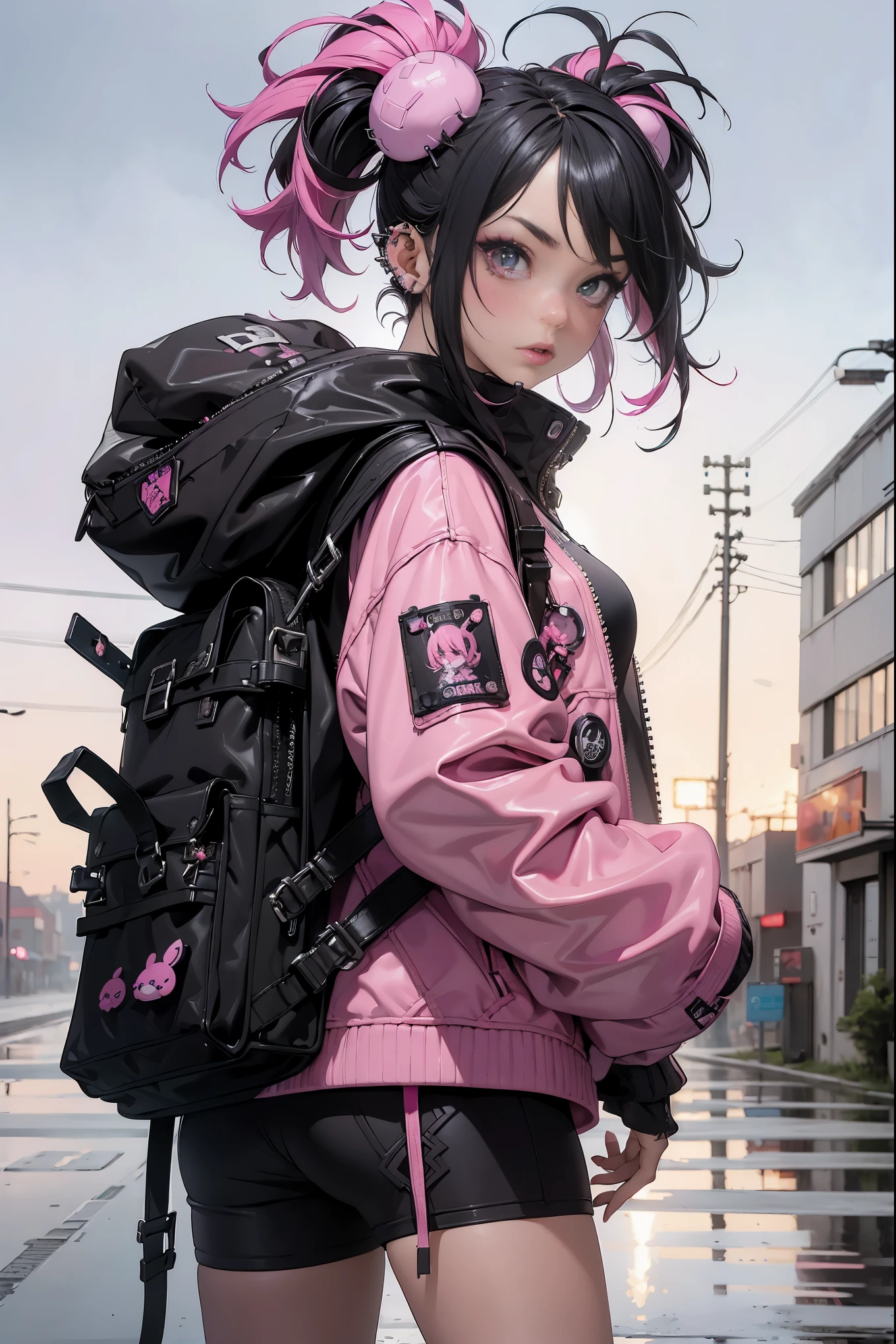 (highest quality、8k、32K、masterpiece、nffsw:1.3)、(Photoreal:1.4),(shoot from front,looking at viewer:1.5)、18-year-old punk girl,eccentric punk hair,((pink and black punk fashion:1.5)),clothes with studs、(1 holding a stuffed crazy bunny in his left hand.5)、black backpack on the back、(bright black and pink hair:1.5),Wacky makeup、、dark background、Desolate city in the rain、puddle on the road、(cinematic lighting)、Depth of the bounds written,blurred background、