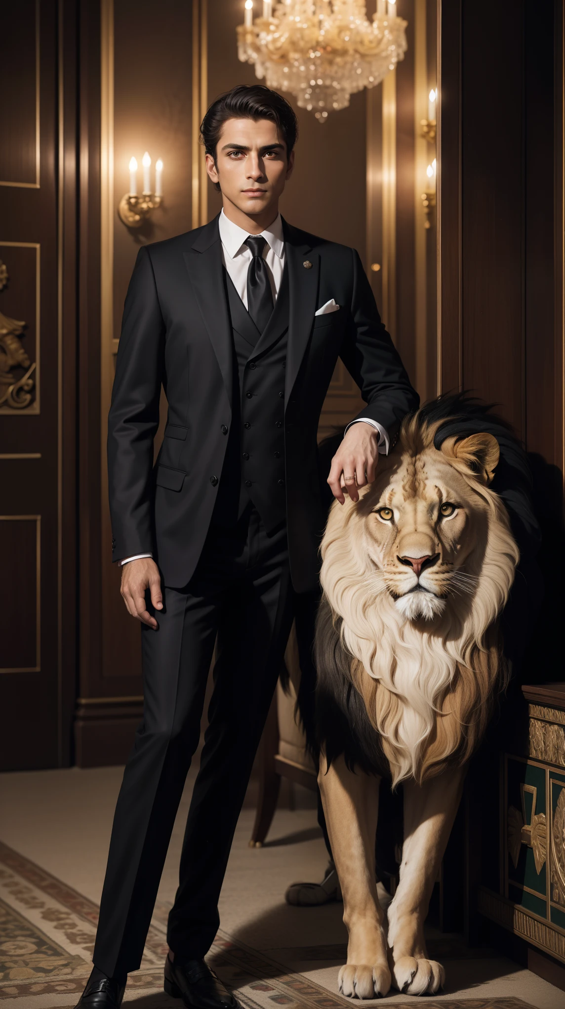 Reincarnation of Roman Emperor Constantine the Great, independent man, twenties, hardworking and capable, accomplished businessman, in suit, sincere, kind, mild-mannered but ruthless when necessary, lion's eyes, bright piercing sharp eyes, night view of Venice, contemporary, elegant and luxurious, hyper image quality, super beautiful, detailed and exquisite,