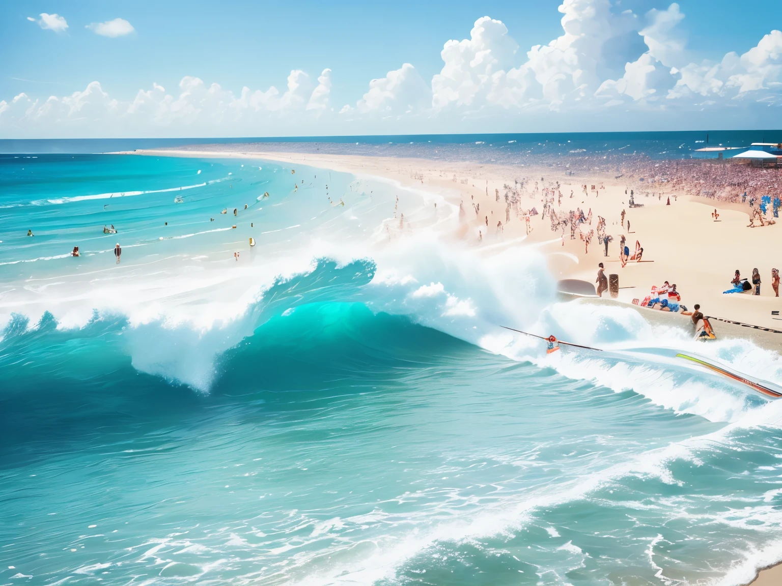 negative/positive reversal, best quality, beach , overflowing crowd of people, big crowd, sparkling sea, white sand beach, pastel color, vivid color, motion-blur, action-lines, speed-lines