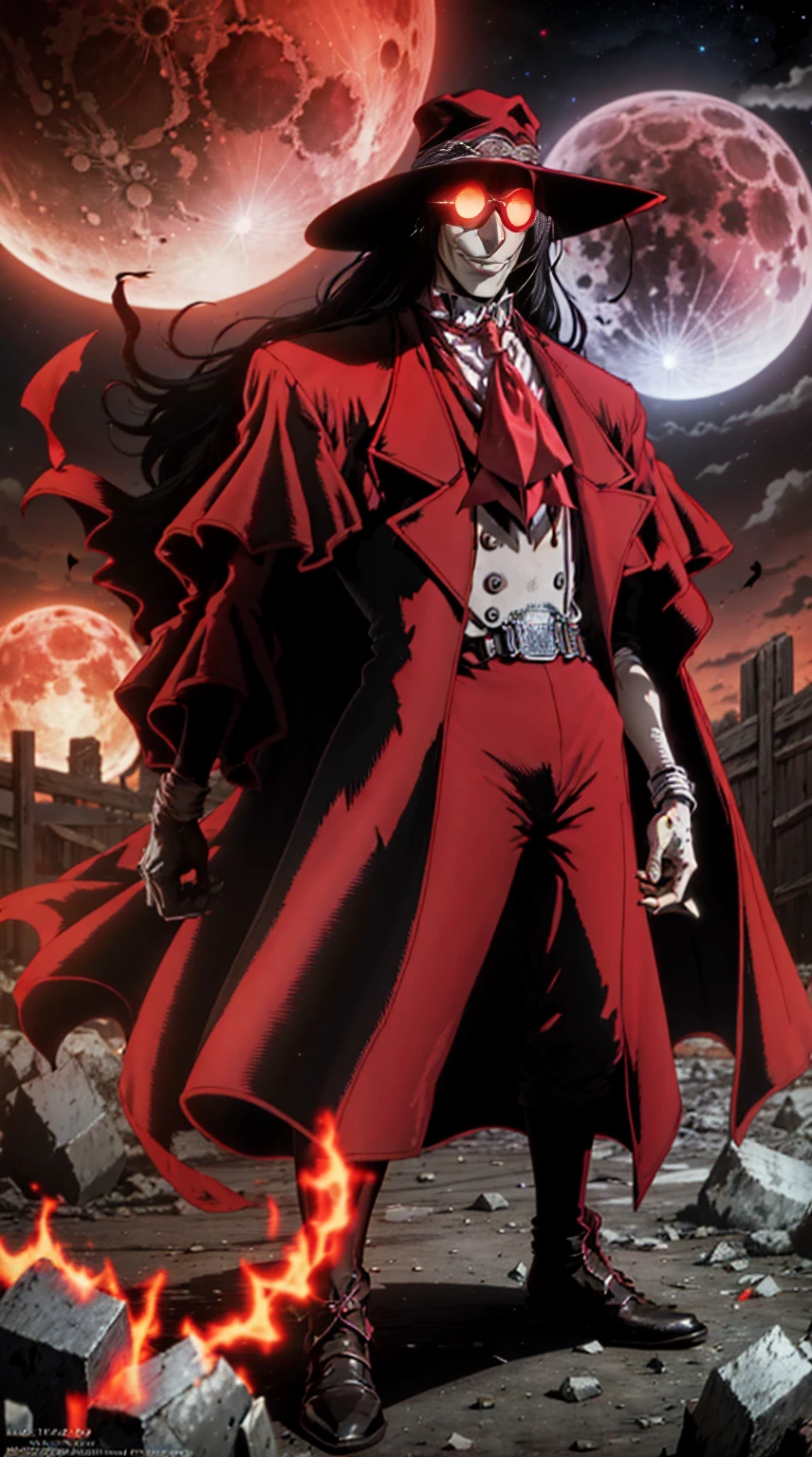 Hellsing, personagem Alucard, (man) Standing character,  sobretudo vermelho, red glass, paisagem de noite, red moon on the background, black hair, dinamic poses