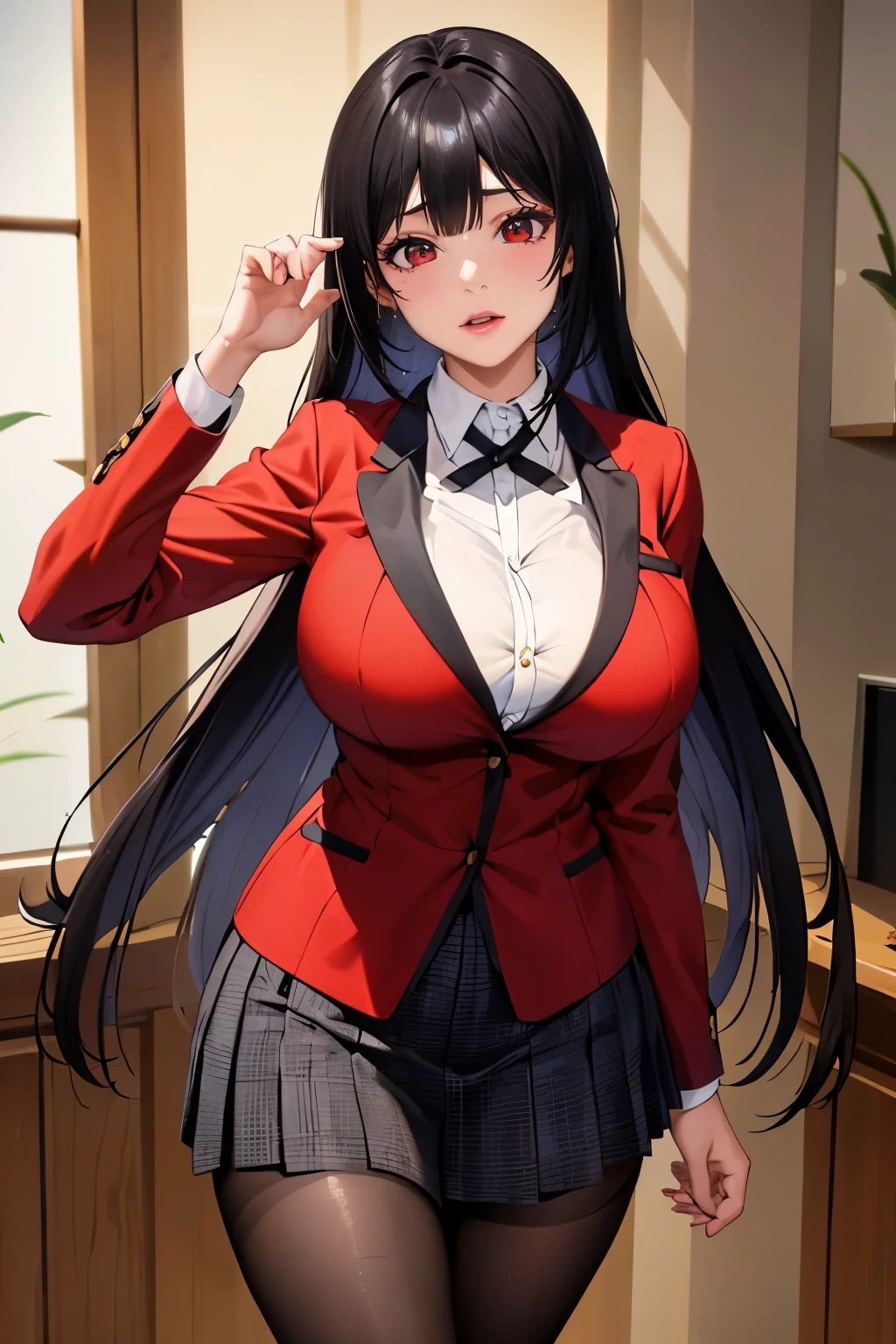 High resolution、masterpiece、1 girl, Jabami Yumeko,hmjy1 long black hair,red eyes,blush,sexy body,((uniform, red jacket)), Red blazer with black trim on cuffs and collar lining, White button-up dress shirt and black tie, Black and gray plaid miniskirt, black tights, そして茶colorのローファー. , cowboy shot,beautiful体,perfect eyes, perfect face,表情豊かな目のmasterpiece:1.0),(Highest_quality:1.0), かわいい笑face, , beautiful and bright lighting, ,Slender beauty:1.4, slim abs, 引き締まったwaist, (笑face:1.2), slender and long beautiful legs,,超High resolution,4k,super detailed, photograph, 8k, HDR, High resolution,  film grain, Lens flare, (lively_color:1.2), (beautiful_face:1.5),(narrow_waist), exquisite visuals, Highest quality,18-year-old、expensive