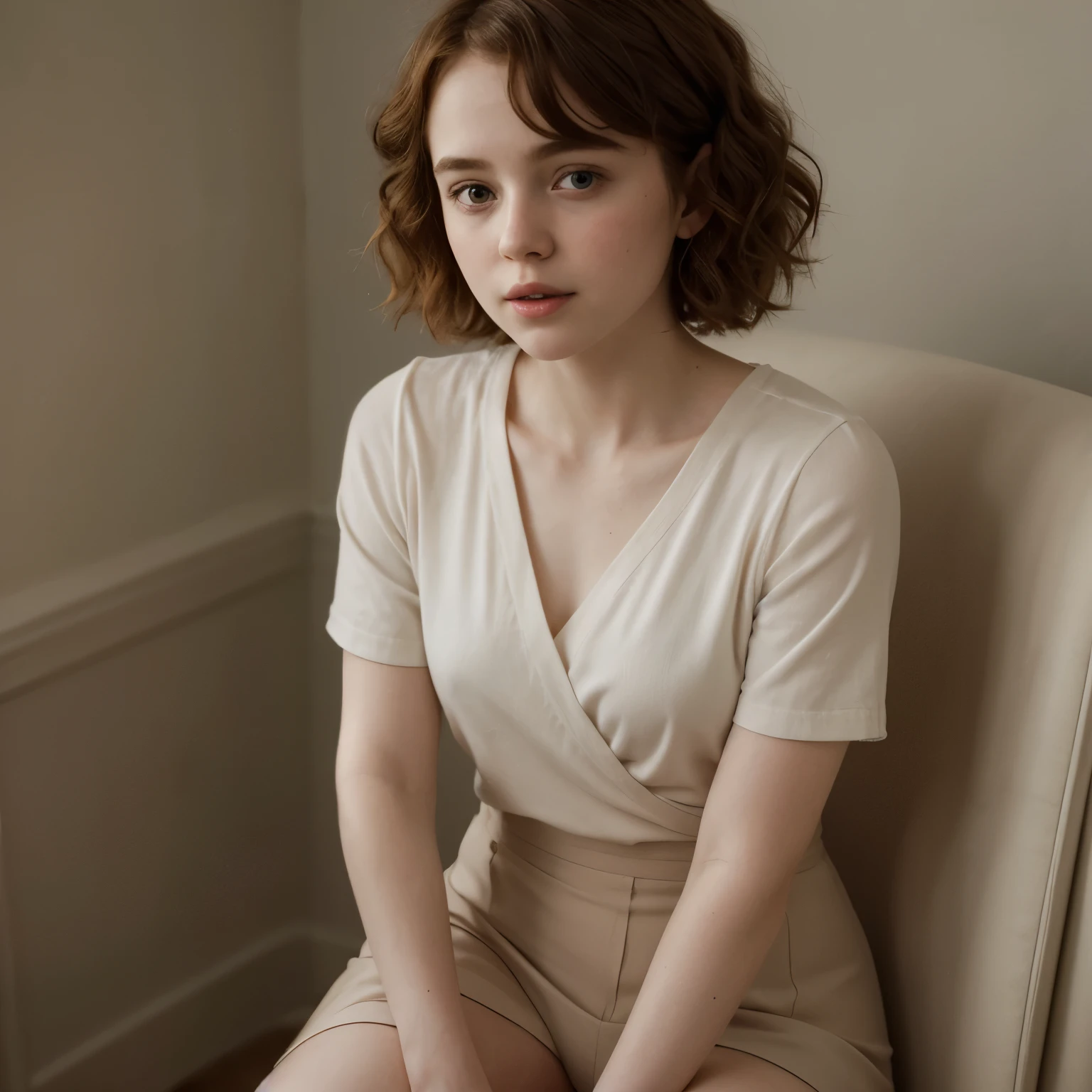 Sophia Lillis, thick thighs, soft stomach, elegant, mouth open, portrait picture, long wavy hair 