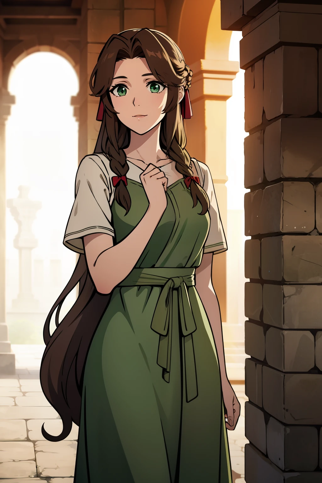 (high-quality, breathtaking),(expressive eyes, perfect face) 1girl, female, solo, young adult, brown hair, green eyes color, stylised hair, gentle smile, long length hair, loose hair, side bangs, wavy curley hair ancient greek clothes, elegant , Aerith Gainsborough, long dress, sash, background field, flowers in background, looking towards viewer, jewellery, hairstyle, red ribbon
