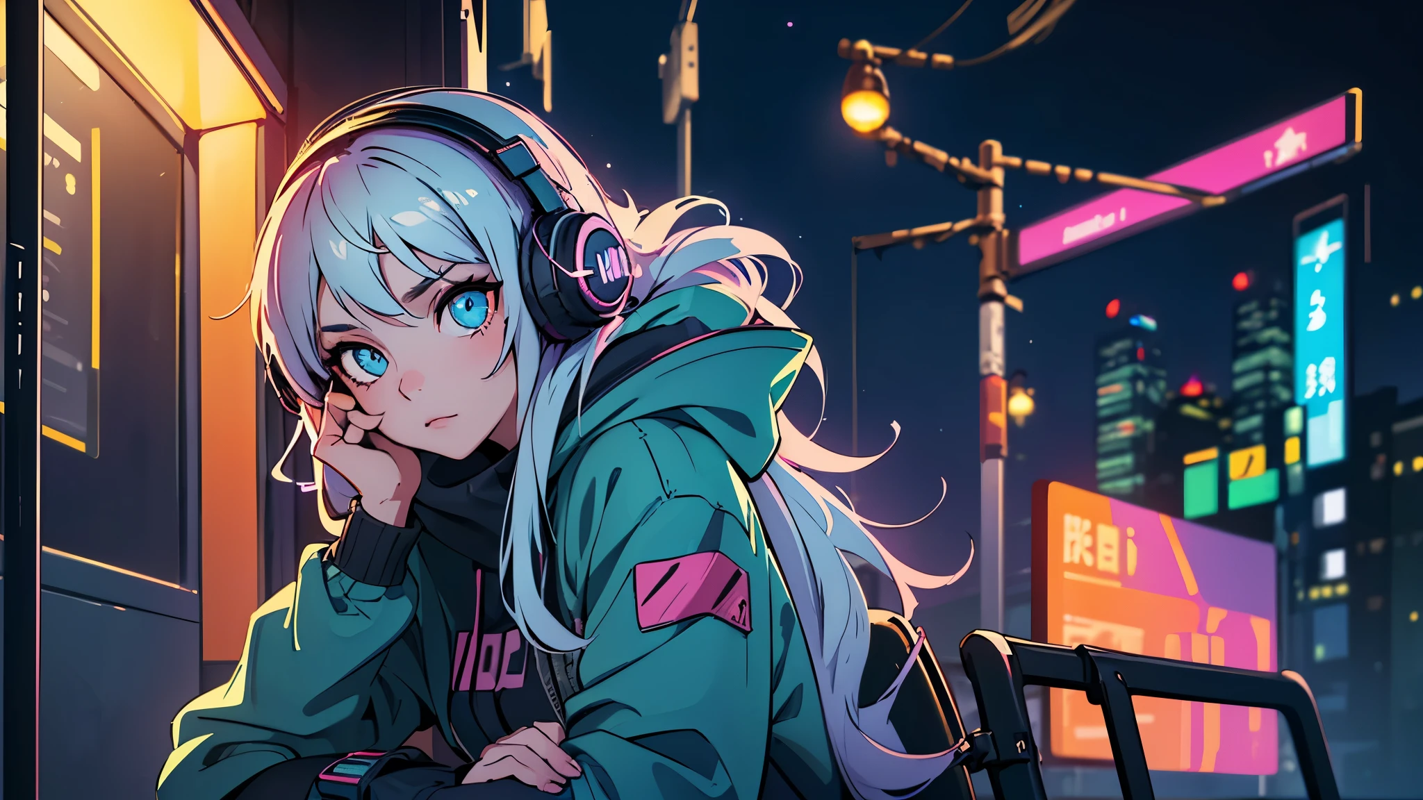 (best quality, detailed, perfect face, beautiful girl listening to music, sitting at a bus stop, cyberpunk appearance, unique hair color, soft lighting, vibrant colors, sparkling ornaments, night, peaceful atmosphere, cozy background, expressive eyes, flowing hair, wearing headphones, bright eyes, likable character, alone)