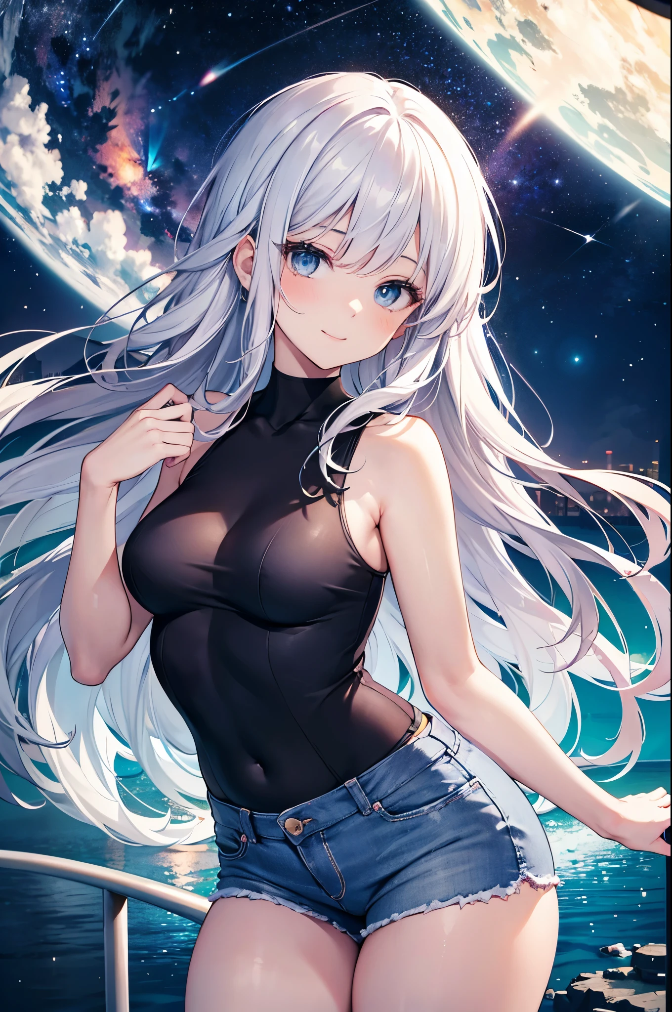 realistic image, coherent image, detailed image, 1 beautiful girl. She has silver hair, long hair. Blue eyes, long eyelashes. Her face is oval and delicate. Smiling. She is wearing a small sleeveless shirt, jean shorts. She has a curvy body, medium breasts, thick thighs. she pose sexy. Background of the universe, surrounded by stars. natural lighting in front, volumetric lighting