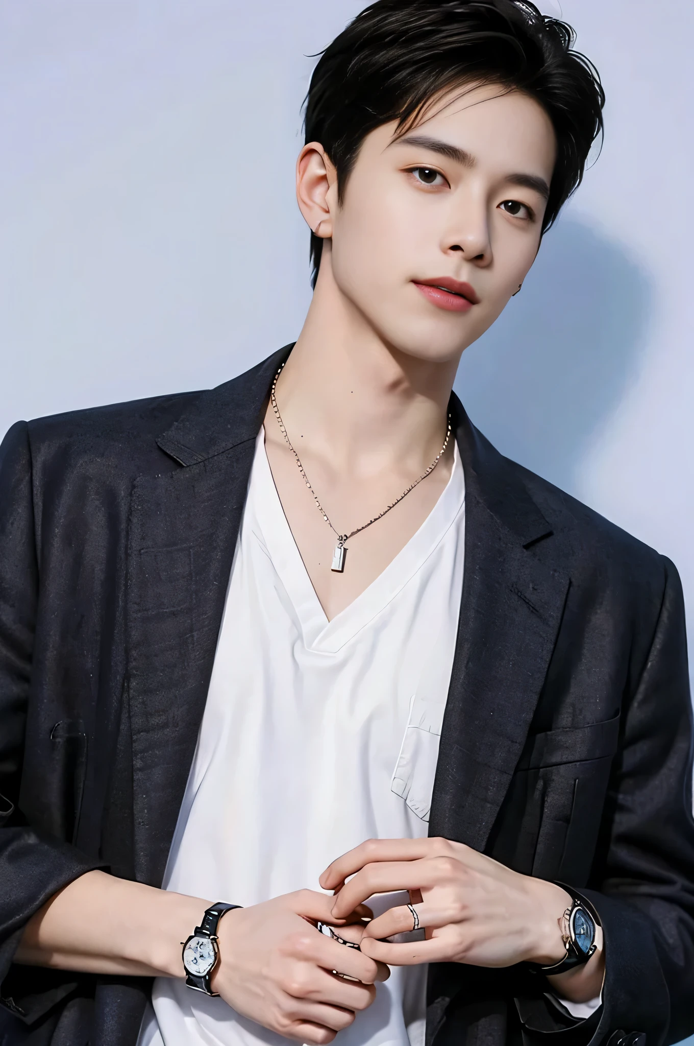 ((highest quality, 8k, masterpiece: 1.3))、cool korean men, １20 year old male、korean style long hair、sturdy face、handsome nose、detailed eyes and face、High resolution、Mouth Details、thin mouth、,smile、whole body: 1.5, perfect body shape: 1.photo of both shoulders:1.3, He is wearing a white T-shirt and a casual black coat.。:1.5, accessories earrings, necklace, mens rings, mens watches),alone