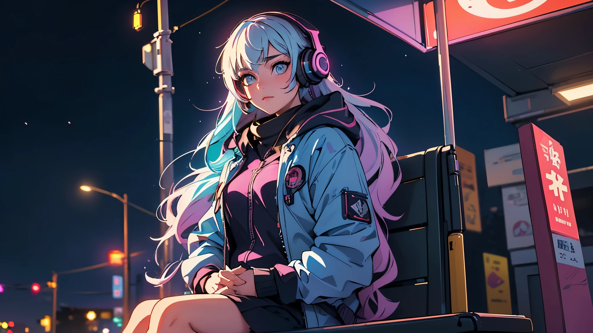 (best quality, detailed, perfect face, beautiful girl listening to music, sitting at a bus stop, cyberpunk appearance, unique hair color, soft lighting, vibrant colors, sparkling ornaments, night, peaceful atmosphere, cozy background, expressive eyes, flowing hair, wearing headphones, bright eyes, likable character, alone)