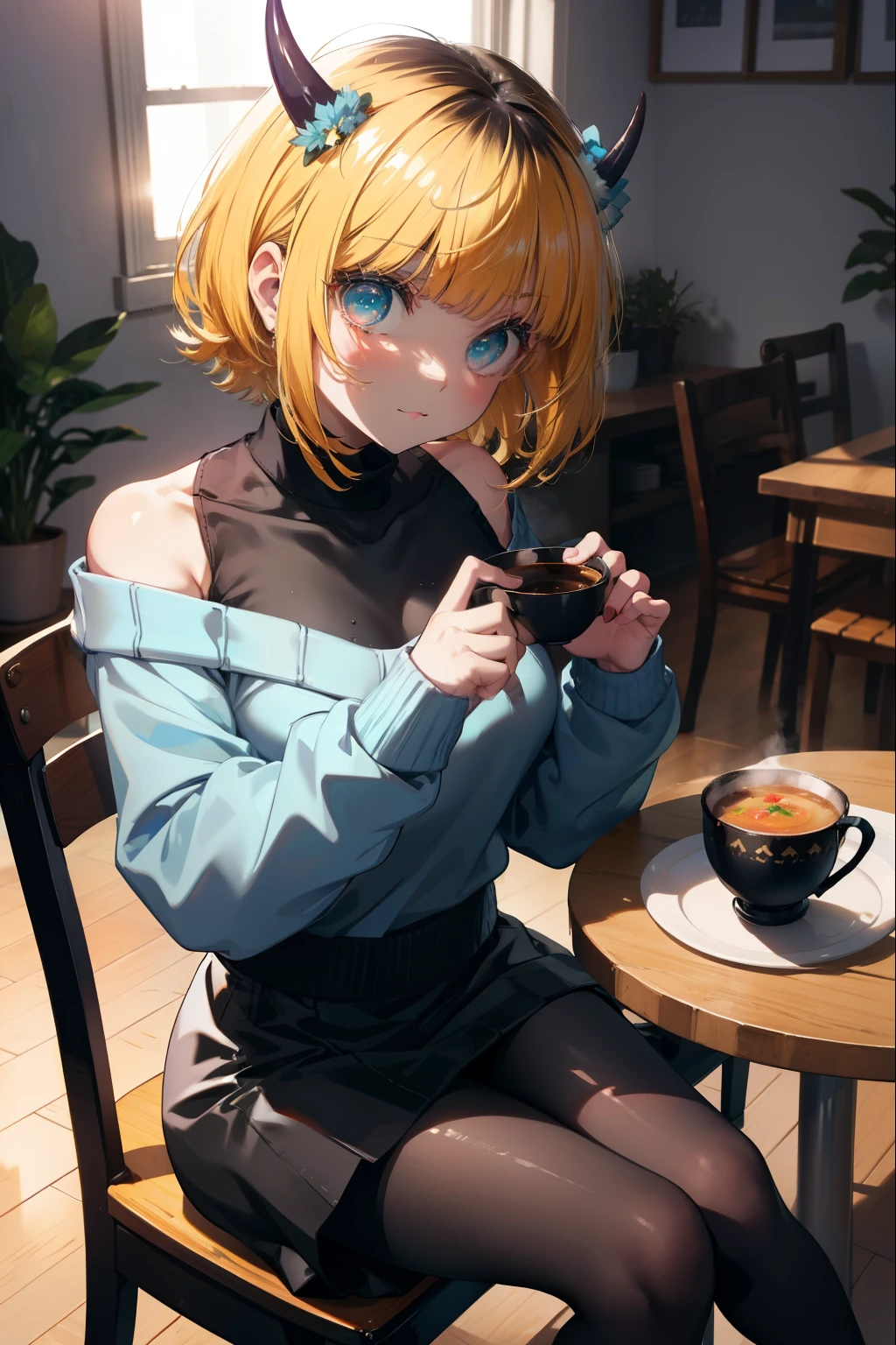 memocho, memocho, blonde hair, blue eyes, dull bangs, demon horn, fake horn, horn, short hair,smile,
break bare shoulders, black skirt, (blue sweater:1.5), long sleeve, off shoulder, off-shoulder sweater, plump sleeves, skirt, sweater, white ribbon,black pantyhose,short boots,food is placed on the table,sitting cross-legged on a chair,
break looking at viewer,
break indoors,canteen,
break (masterpiece:1.2), highest quality, High resolution, unity 8k wallpaper, (figure:0.8), (detailed and beautiful eyes:1.6), highly detailed face, perfect lighting, Very detailed CG, (perfect hands, perfect anatomy),