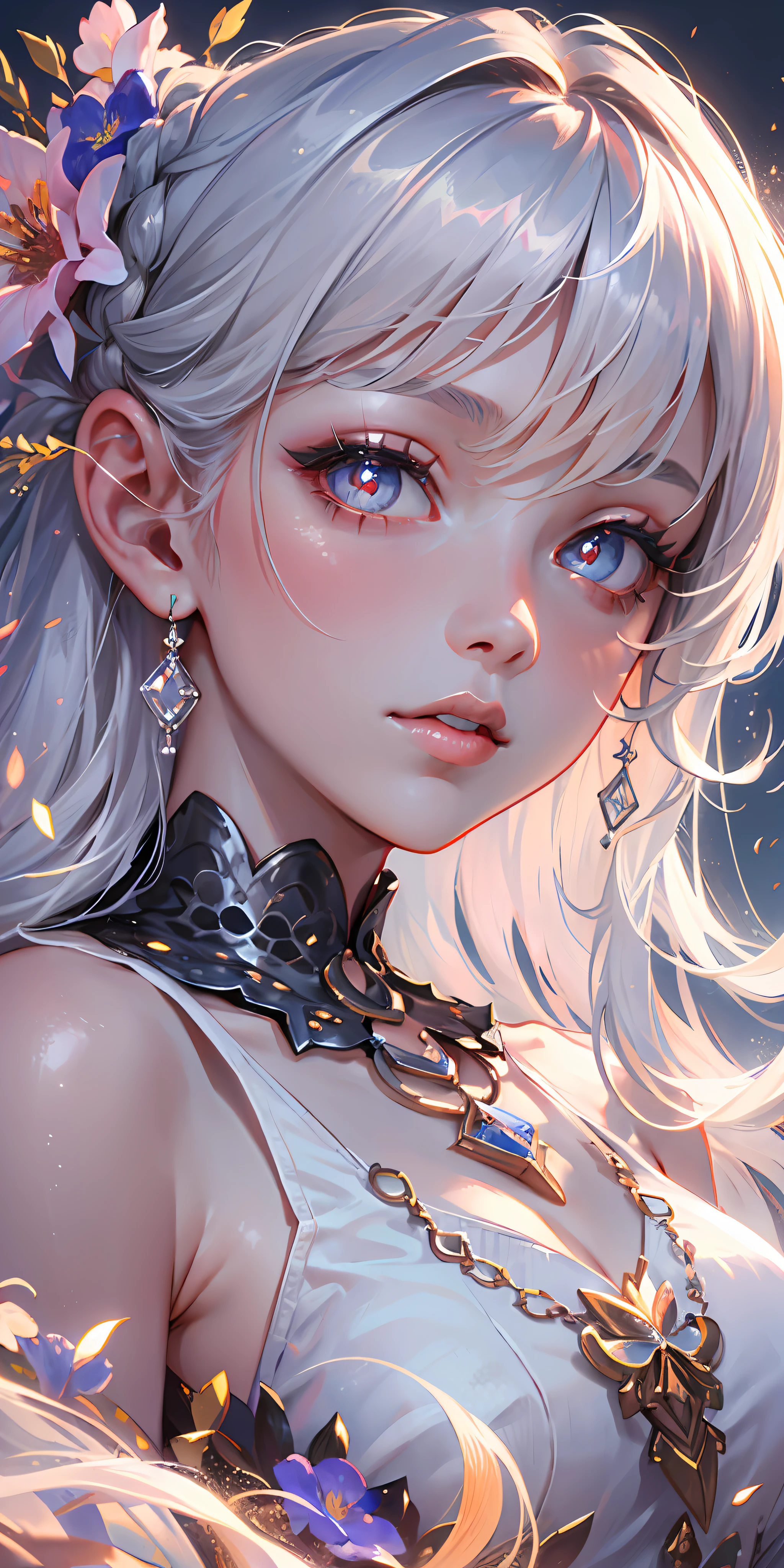 (best quality, masterpiece), 1 girl, pose, particle, wind, flower, upper body, simple background, look at the viewer, focus on face, silver hair, silver eyes, necklace, loose hair, white dress, white pupils