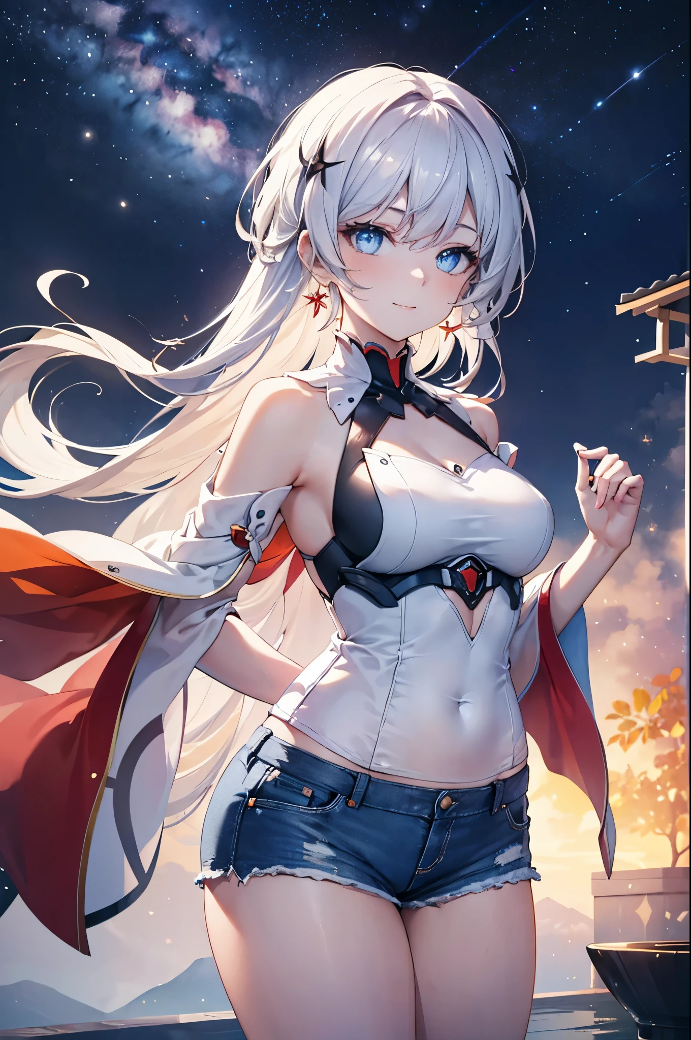 realistic image, coherent image, detailed image, 1 beautiful girl. She has silver hair, long hair. Blue eyes, long eyelashes. Her face is oval and delicate. Smiling. She is wearing a small sleeveless shirt, jean shorts. She has a curvy body, medium breasts, thick thighs. she pose sexy. Background of the universe, surrounded by stars. natural lighting in front, volumetric lighting