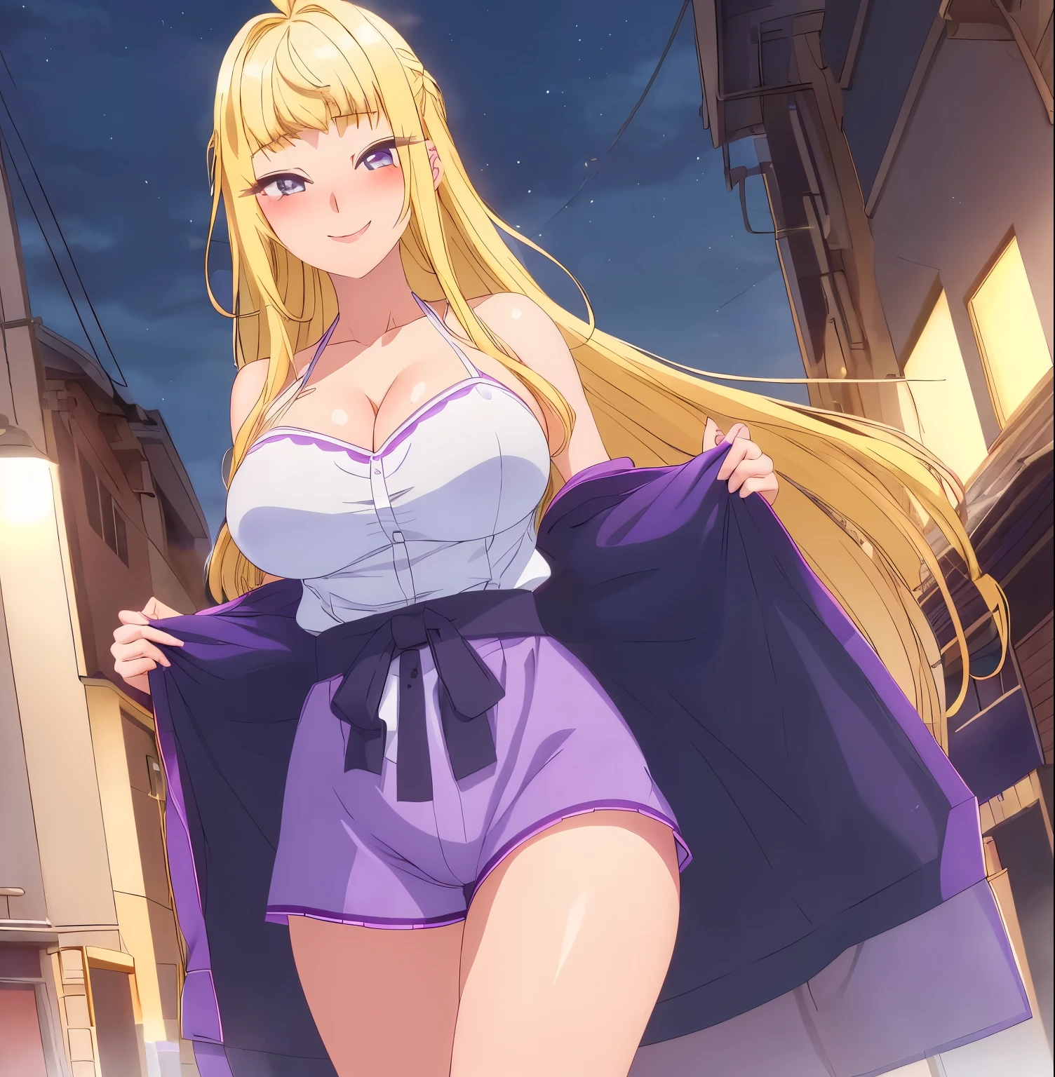 , 1 girl, drowning, alone, Minami Fuyuki, Blonde hair, long hair, purple eyes, Looking at viewer, smile, (blush on nose: 1.2), White shirt, Tank top, Cleavage, tight blue shorts, outdoor , street, walking, Night, urban lights, good lighting, thick thighs, NSFW, (from below: 1.2), uncensored, (high resolution: 1.2), (ultra detailed: 1.2), [ High dynamic range lighting], (Masterpiece: 1.3), (Best Quality), High quality intricate details, (Extremely detailed CG unity 8k wallpaper: 1.2), Best shadow, (Extremely detailed fine touch: 1.2), (High resolution), (4k ), (pixiv), perfect face, cute eyes and face, (super detailed), detailed face and eyes, textured skin, absurd, high resolution, deep skin, perfect anatomy, perfect hands, big breasts, medium waist, wide hips, medium thighs