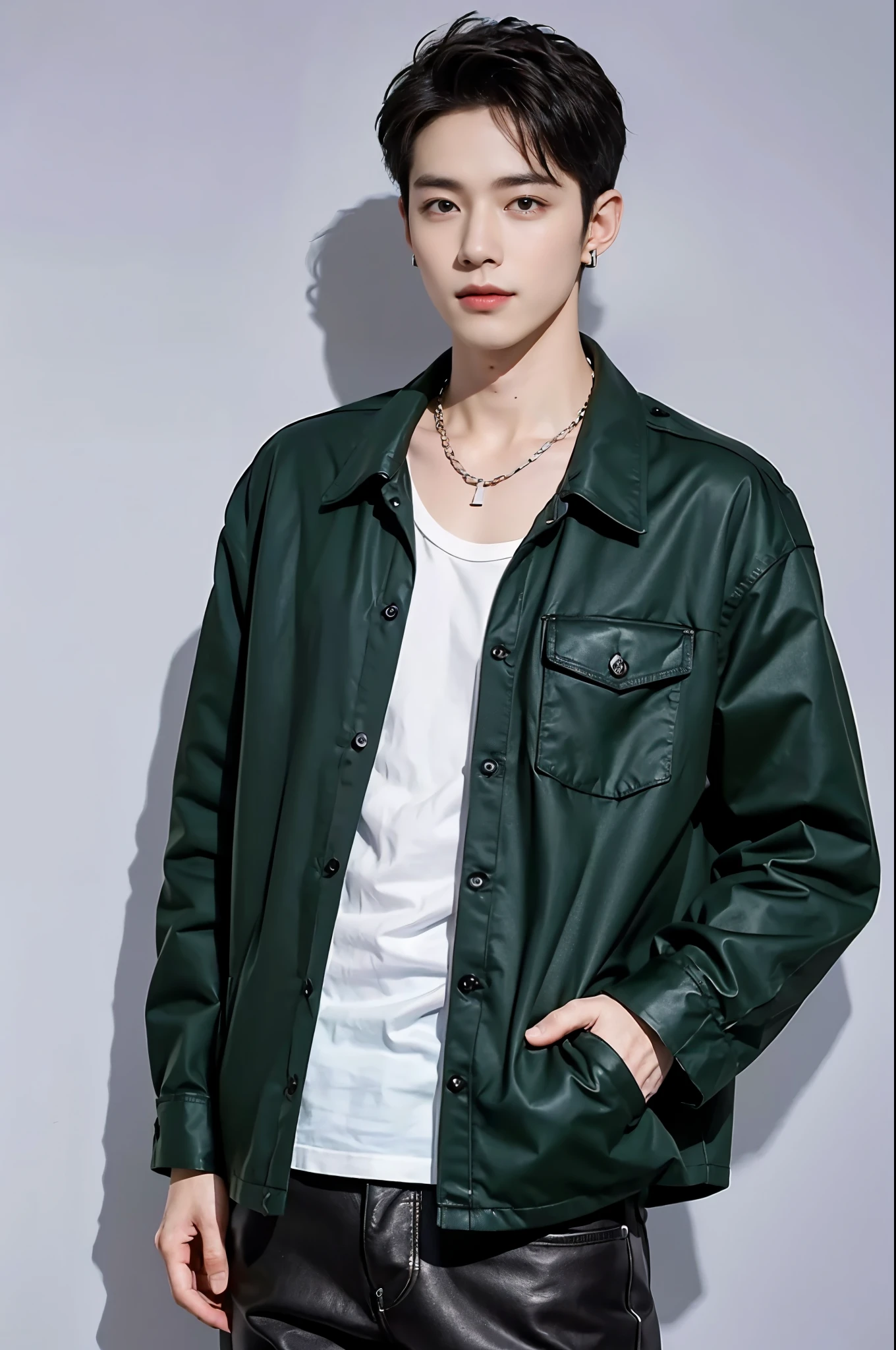 ((highest quality, 8k, masterpiece: 1.3))、cool korean men, 20 year old male、korean style long hair、sturdy face、handsome nose、detailed eyes and face、High resolution、Mouth Details、thin mouth、,smile、whole body: 1.5, perfect body shape: 1.photo of both shoulders:1.3, He is wearing a white T-shirt and a casual black coat.。:1.5, accessories earrings, necklace, mens rings, mens watches),solo,stand up straight,look at the front,breast enhancement,