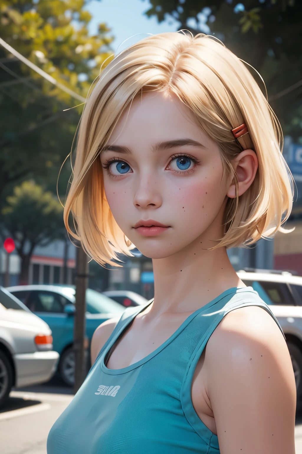 Clear blue eyes, blonde bob hair, red cheeks, hairpin, cleavage, white T-shirt, no make-up, leaning forward, short denim pants, upper body, shyness, abs, street tree, looking at viewer, frontal,