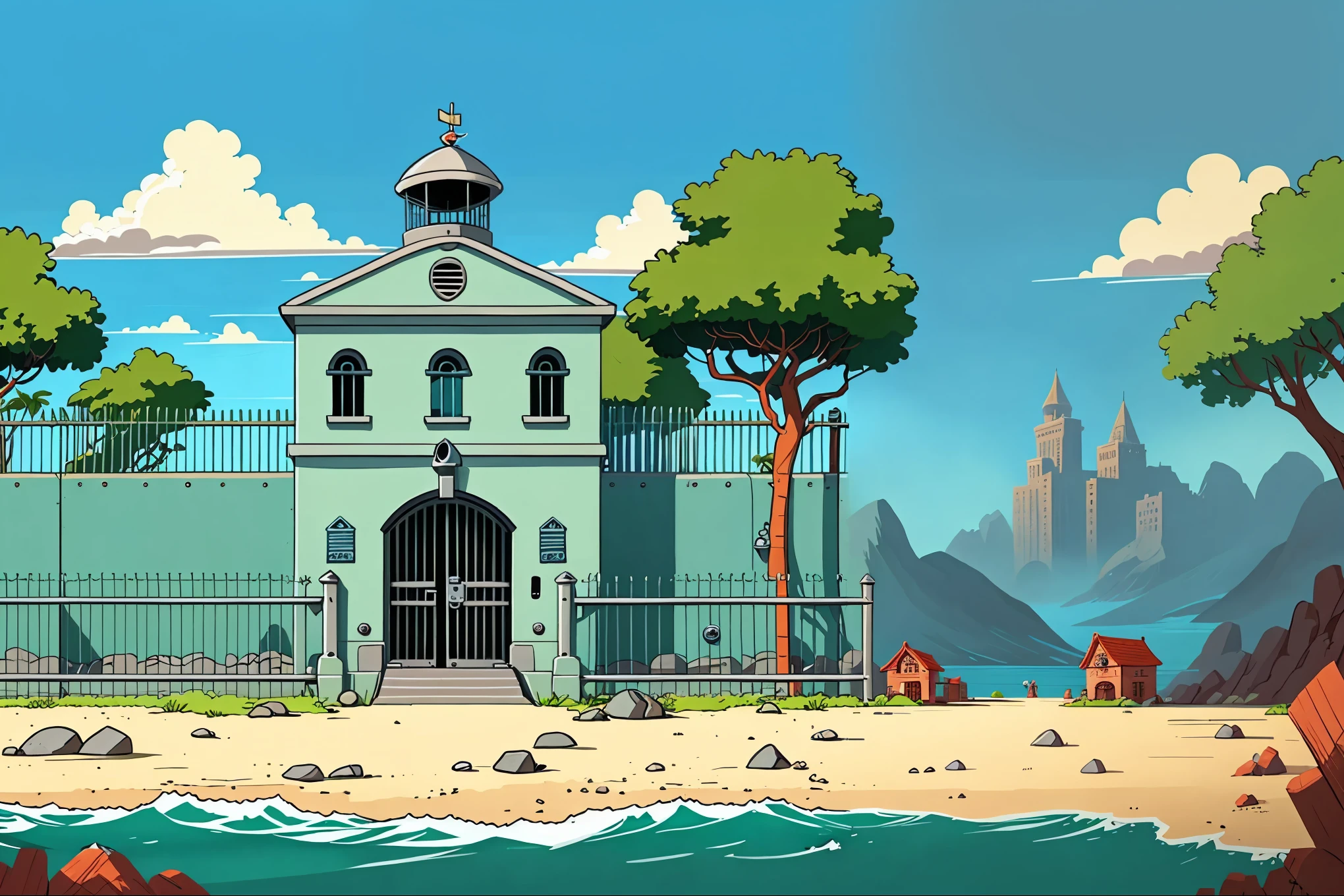 cartoon illustration of a building with a gate and a fence, totalitarian prison island, background art, prison background, background depicting a temple, stylized digital illustration, background fortress, random background scene, palace background, highly detailed illustration, colored illustration, detailed 2d illustration, hq very detailed, by Lucas Vorsterman, prison, neoclassical police station, digitally painted