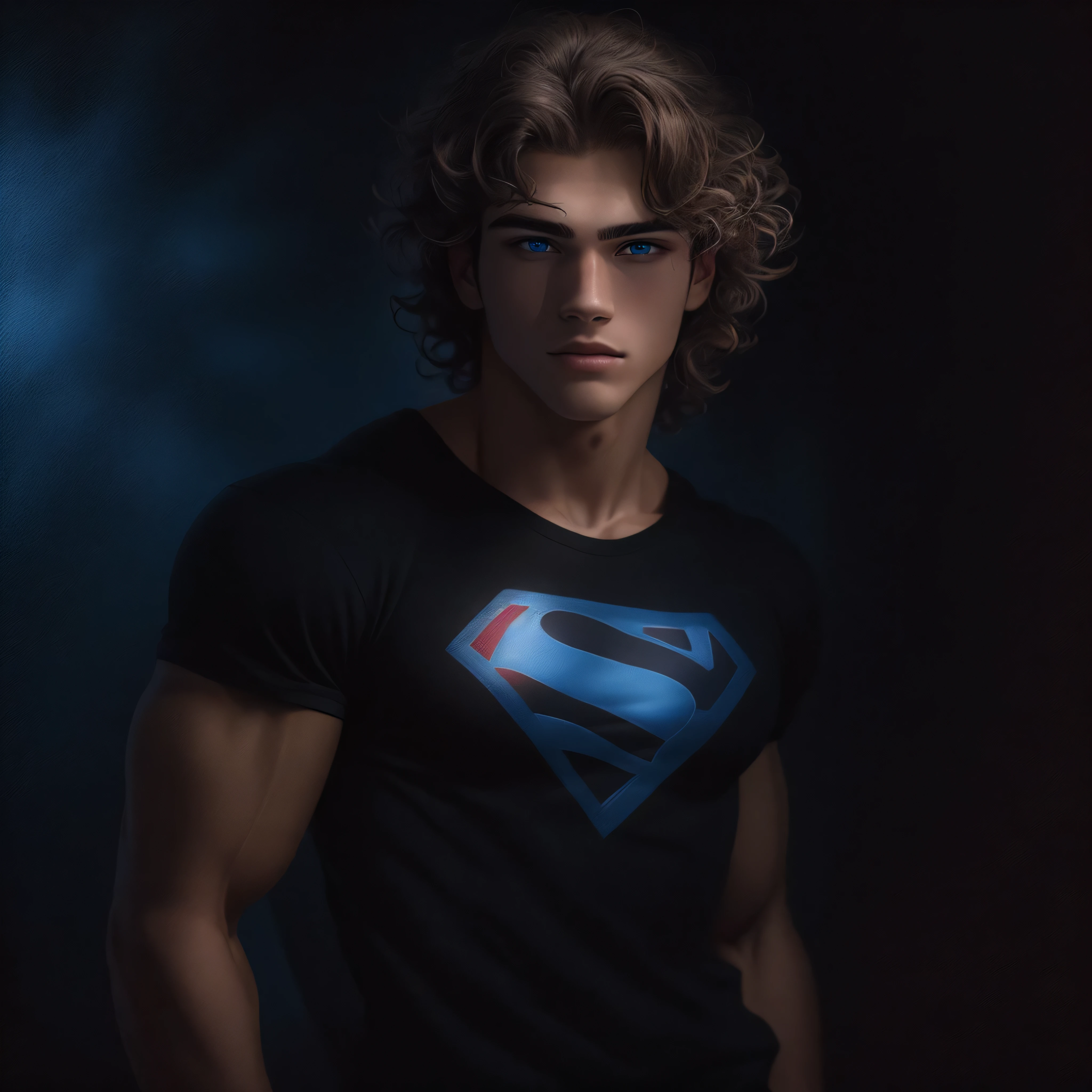 portrait of a handsome male model, 18 years old, black shirt with superman symbol on the front, jean pants, without beard, with wavy hair, blue eyes, defined muscles, fit, ripped body, medium shot, ultra highest detailed face, darmatic lighting, dim light