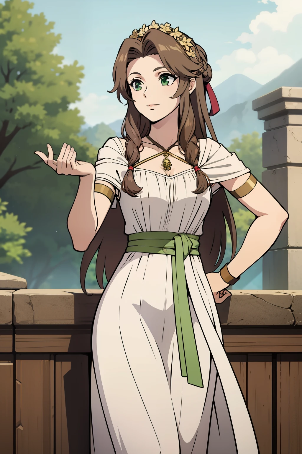 (high-quality, breathtaking),(expressive eyes, perfect face) 1girl, female, solo, young adult, brown hair, green eyes color, stylised hair, gentle smile, long length hair, loose hair, side bangs, wavy curley hair ancient greek clothes, elegant , Aerith Gainsborough, long dress, sash, background field, flowers in background, looking towards viewer, jewellery, hairstyle, red ribbon
