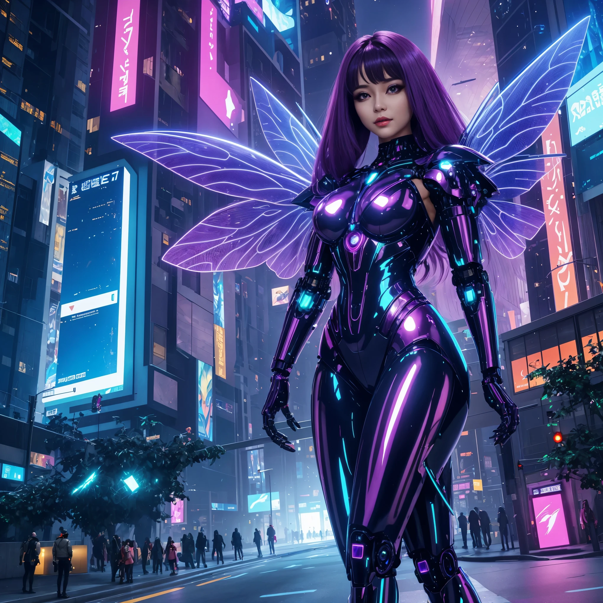 a beautiful cyber fairy, medium hair, beautiful body, shiny wings, wearing a futuristic cyber dress in a futuristic city