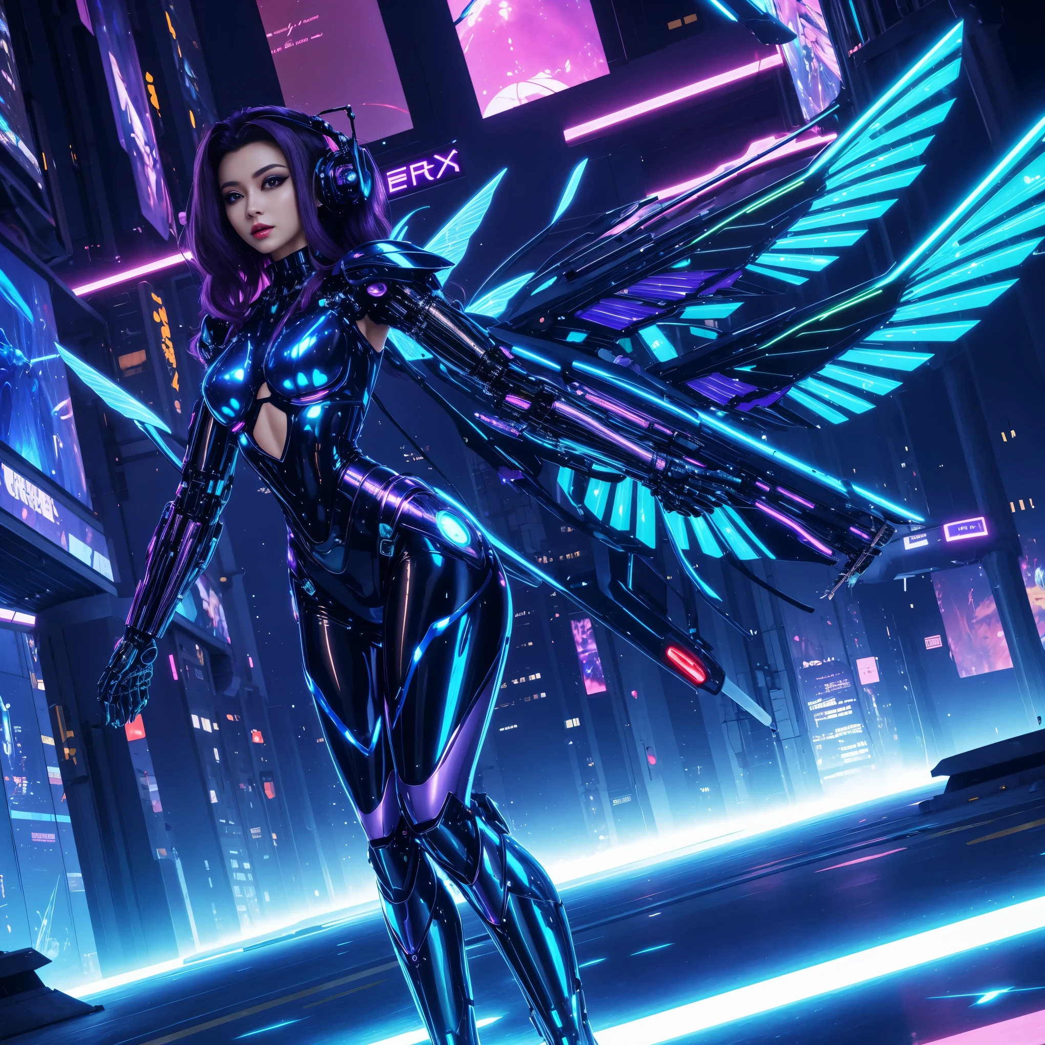 a beautiful cyber fairy, medium hair, beautiful body, shiny wings, wearing a futuristic cyber dress in a futuristic city