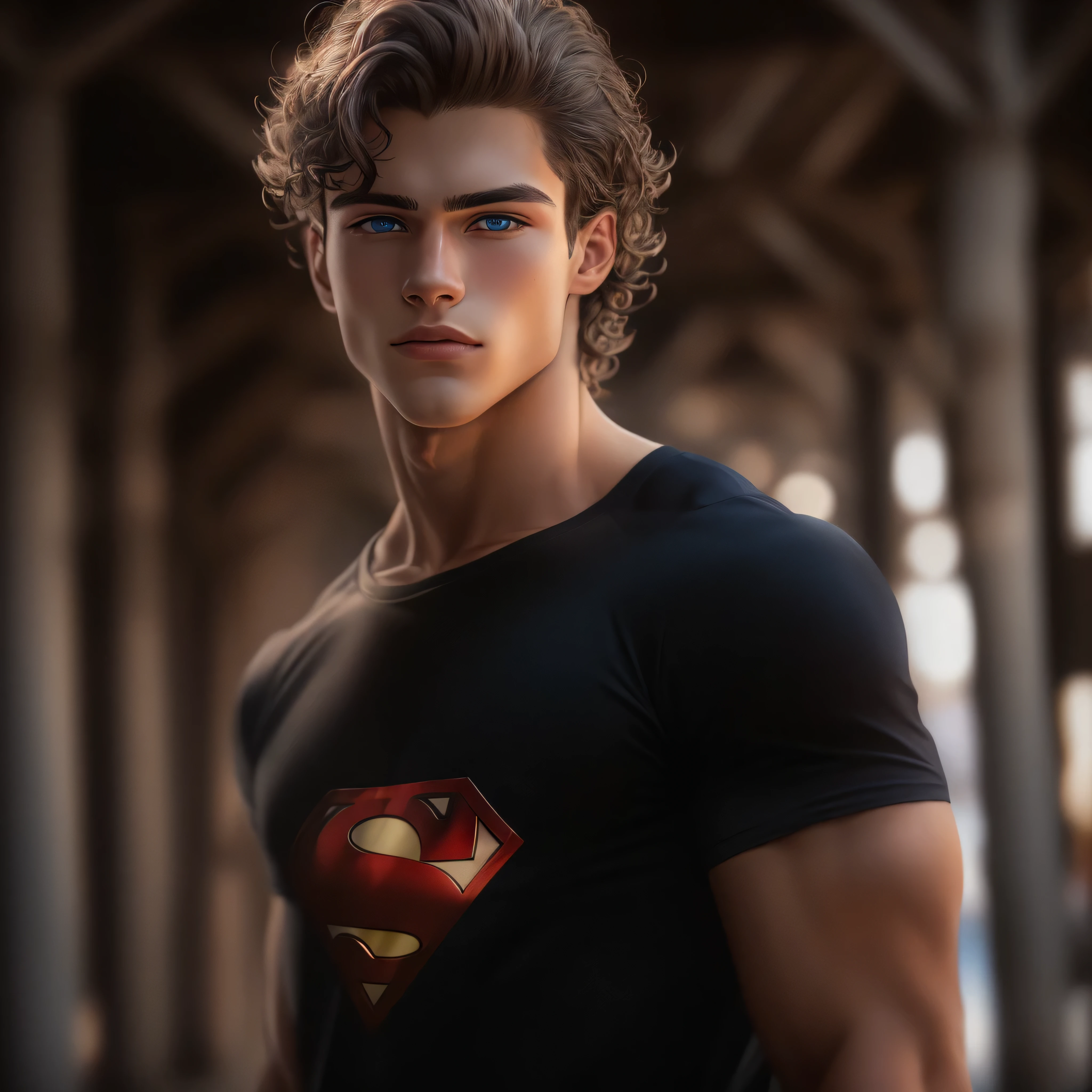 portrait of a handsome male model, 18 years old, black shirt with superman symbol on the front, jean pants, without beard, with wavy hair, blue eyes, defined muscles, fit, ripped body, medium shot, ultra highest detailed face, darmatic lighting, dim light