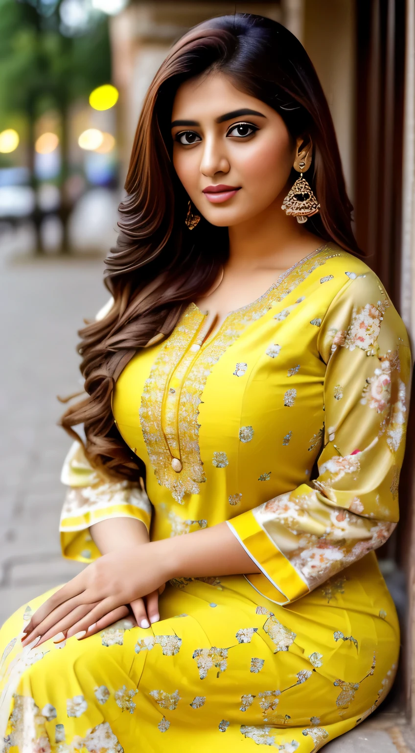 ( full body Close Up ),RAW, Best quality, high resolution, work: 1.3), Beautiful Pakistani woman, Perfect work, perfect fit body, ((Big breasts, beautiful big eyes, Soft smile, beautiful face, slightly open mouth, thighs thick, shapely buttocks, close-up view of a woman in a yellow floral dress sitting on the sidewalk, beautiful woman, traditional beauty, a Pakistani woman, with a beautiful appearance, a young Pakistani woman, , beautiful beautiful girl, very beautiful style, wearing beautiful clothes, excellent lighting, bright colors, clean lines