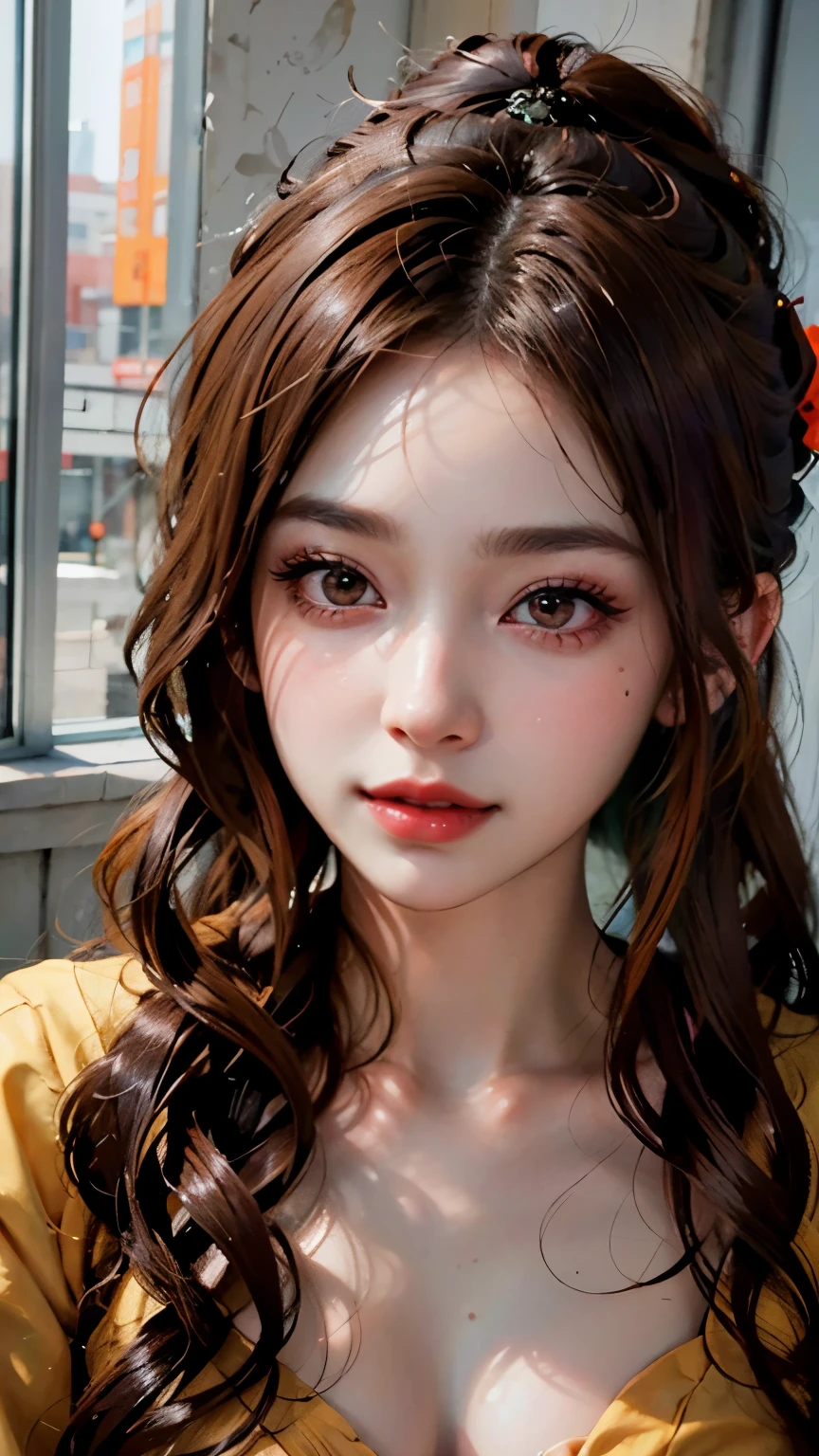 (8K、lifelike、RAW photography、Top quality)、(1 girl)、beautiful face、(cute face)、(Reddish-brown hair、Long curly hair)、Beautiful high ponytail hairstyle、lifelike眼睛、red glasses，Beautiful details、（real skin）、Beautiful skin、（Ren Hao）、absurd、Tempting、huge ，smile，ultra high resolution、Hyperrealistic Realism、high detail、golden ratio，translucent liquid on face，nasal discharge