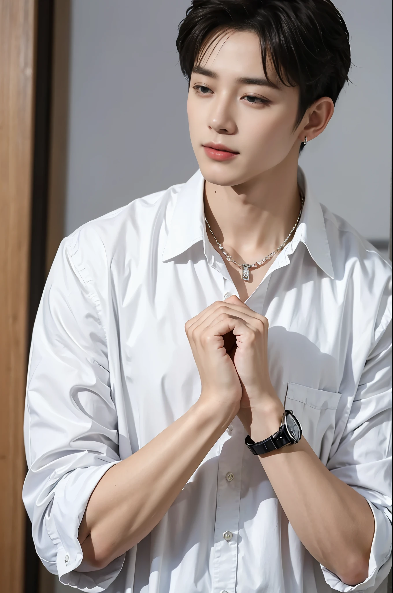 ((highest quality, 8k, masterpiece: 1.3))、cool korean men, 20 year old male、korean style long hair、sturdy face、handsome nose、detailed eyes and face、High resolution、Mouth Details、thin mouth、,smile、whole body: 1.5, perfect body shape: 1.photo of both shoulders:1.3, He is wearing a white T-shirt and a casual black coat.。:1.5, accessories earrings, necklace, mens rings, mens watches),solo,stand up straight,look at the front,breast enhancement,close your eyes,