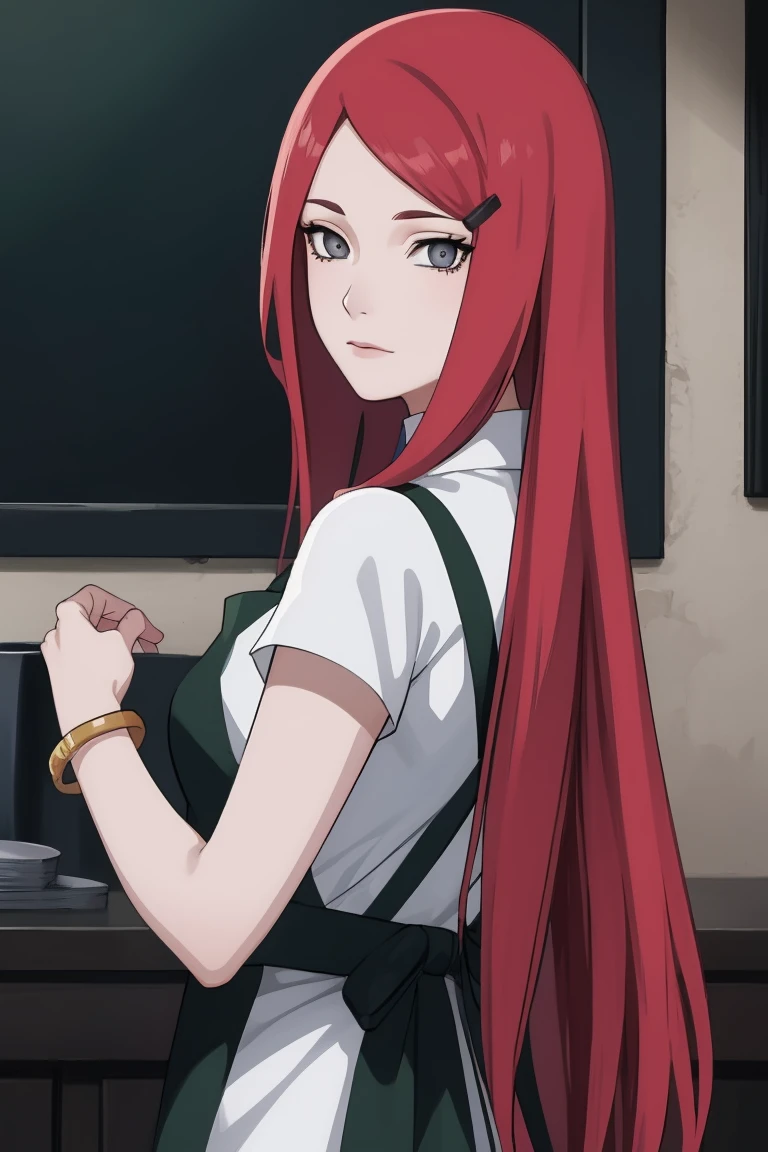 {-erro_de_anatomia:1.0} kushina, kushina, long hair, hair ornament, red hair, red head, hairclip, (grey eyes:1.5), BREAK shirt, dress, jewelry, white shirt, short sleeves, apron, bracelet, green apron, collar, BREAK looking at viewer, upper body, full body, cowboy shot, BREAK indoors, BREAK (masterpiece:1.2), best quality, high resolution, unity 8k wallpaper, (illustration:0.8), (beautiful detailed eyes:1.6), extremely detailed face, perfect lighting, extremely detailed CG, (perfect hands, perfect anatomy),backwards, looking back