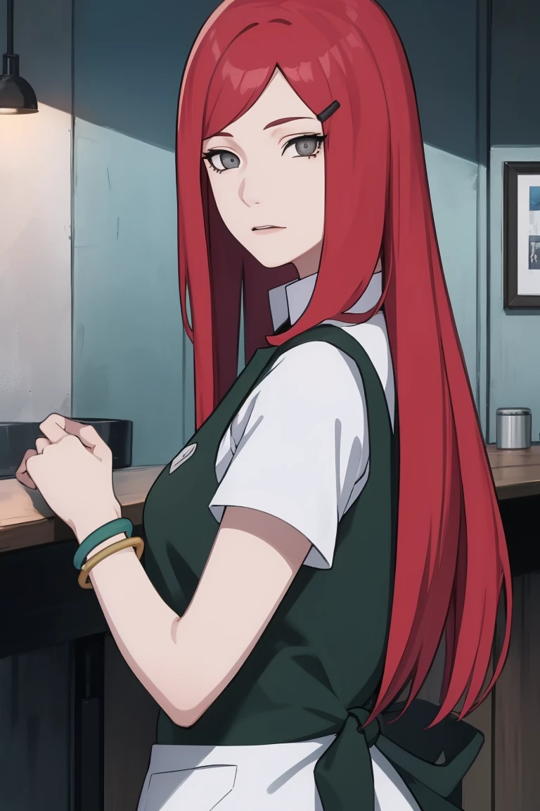 {-erro_de_anatomia:1.0} kushina, kushina, long hair, hair ornament, red hair, red head, hairclip, (grey eyes:1.5), BREAK shirt, dress, jewelry, white shirt, short sleeves, apron, bracelet, green apron, collar, BREAK looking at viewer, upper body, full body, cowboy shot, BREAK indoors, BREAK (masterpiece:1.2), best quality, high resolution, unity 8k wallpaper, (illustration:0.8), (beautiful detailed eyes:1.6), extremely detailed face, perfect lighting, extremely detailed CG, (perfect hands, perfect anatomy),backwards, looking back