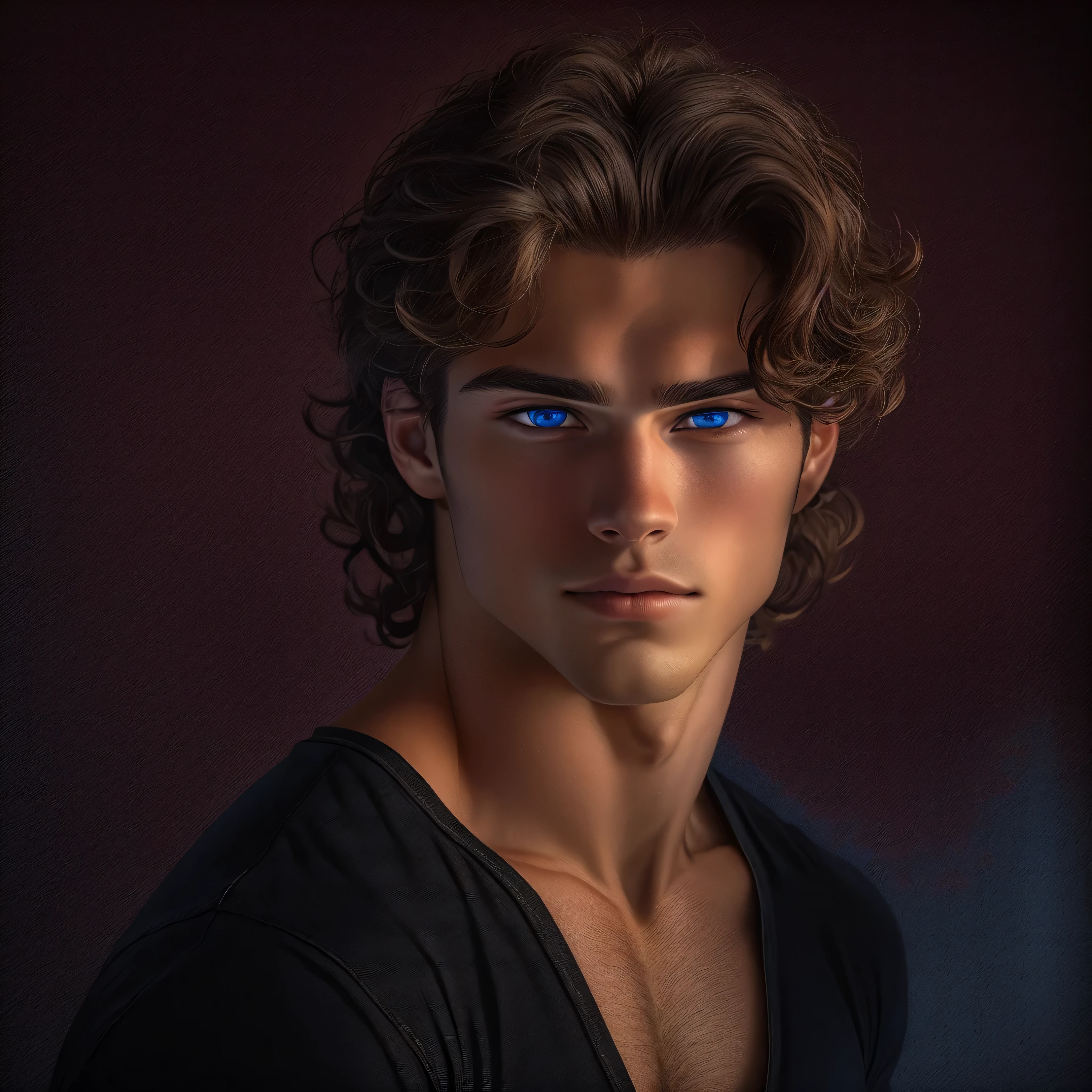 portrait of a handsome male model, 18 years old, black shirt with superman symbol on the front, jean pants, without beard, with wavy hair, blue eyes, defined muscles, fit, ripped body, medium shot, ultra highest detailed face, darmatic lighting, dim light