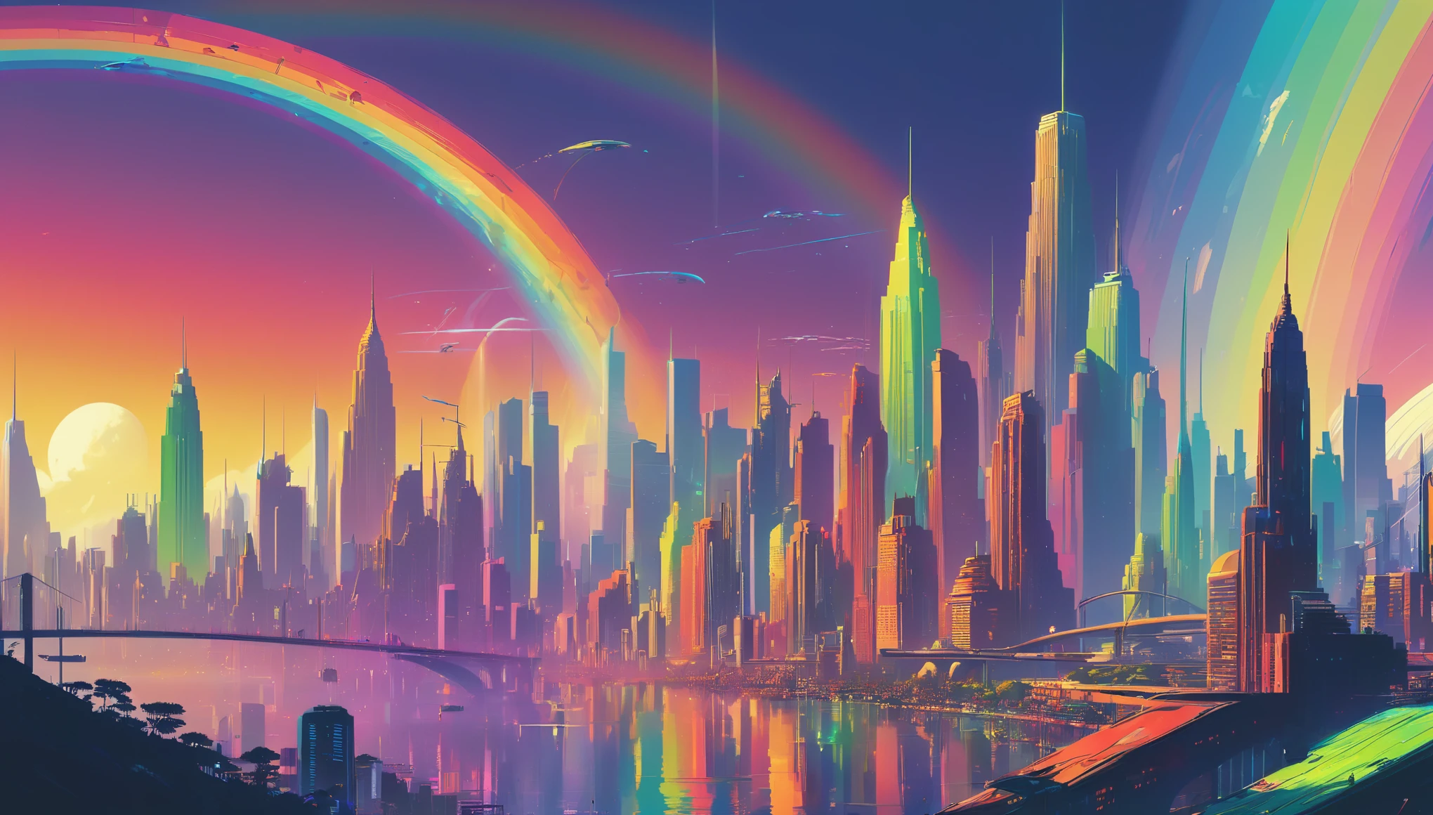 a colorful city skyline with a rainbow in the background, colorful city, an alien cityscape, alien cityscape, colorful dystopian futurism, kilian eng vibrant colours, colorful concept art, futuristic city backdrop, kilian eng vibrant colors, inspired by James Gilleard, james gilleard artwork, futuristic but colorful shading, futuristic city scape, futuristic cityscape, jen bartel