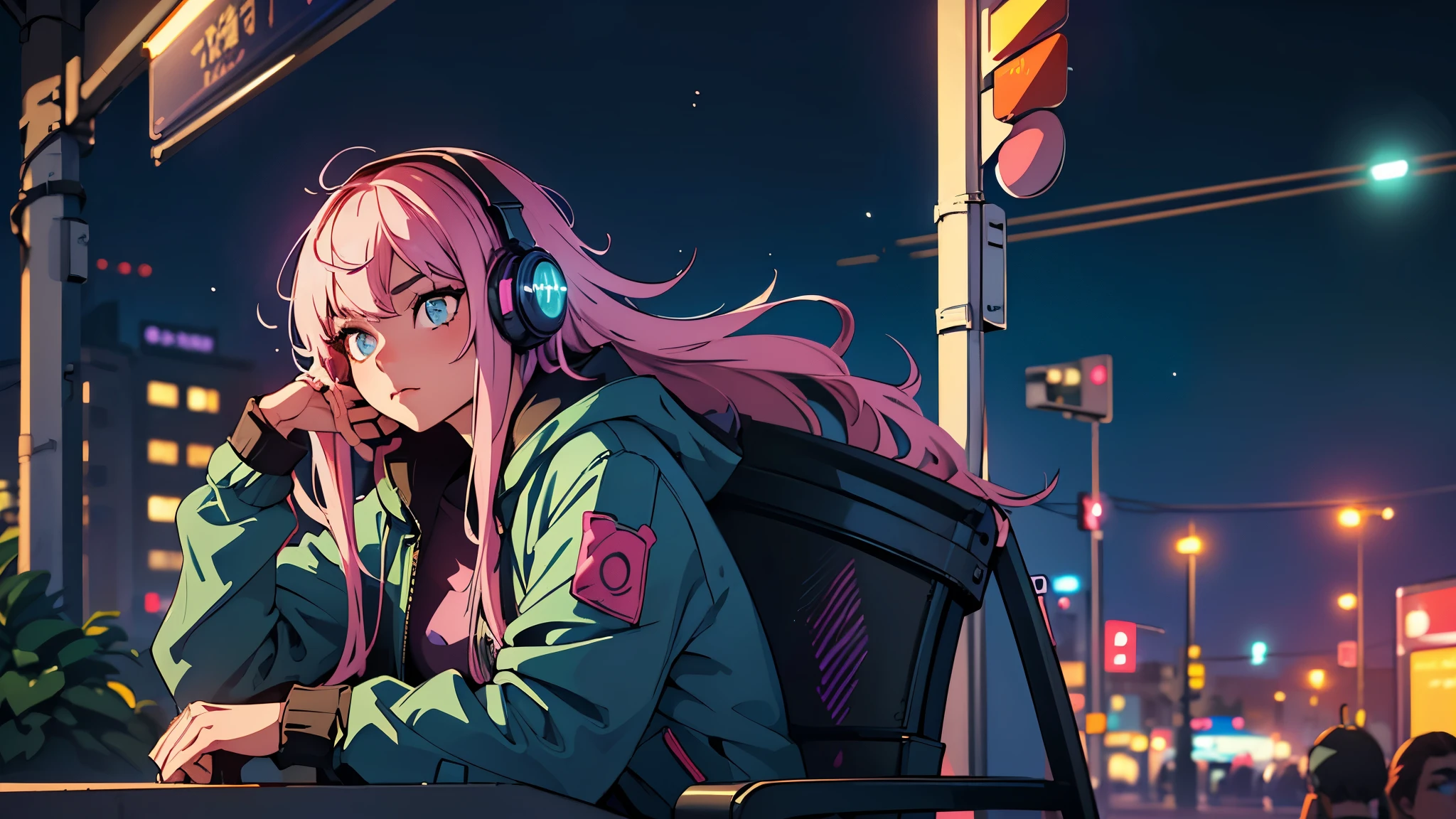 (best quality, detailed, perfect face, beautiful girl listening to music, sitting at a bus stop, cyberpunk appearance, unique hair color, soft lighting, vibrant colors, sparkling ornaments, night, peaceful atmosphere, cozy background, expressive eyes, flowing hair, wearing headphones, bright eyes, likable character, alone)