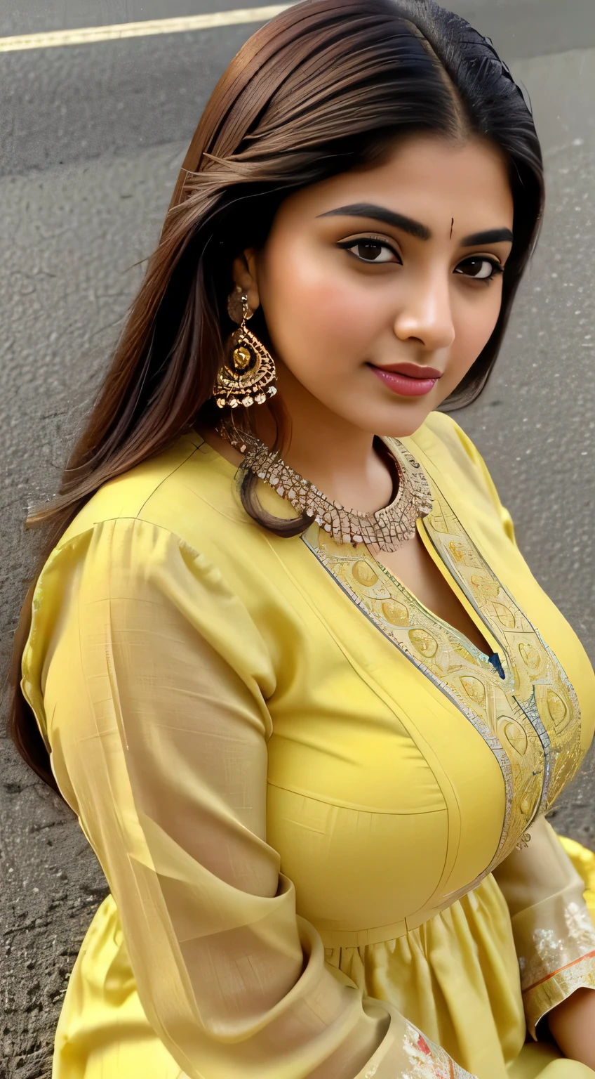 ( full body Close Up ),RAW, Best quality, high resolution, work: 1.3), Beautiful Pakistani woman, Perfect work, perfect fit body, ((Big breasts, beautiful big eyes, Soft smile, beautiful face, slightly open mouth, thighs thick, shapely buttocks, close-up view of a woman in a yellow floral dress sitting on the sidewalk, beautiful woman, traditional beauty, a Pakistani woman, with a beautiful appearance, a young Pakistani woman, , beautiful beautiful girl, very beautiful style, wearing beautiful clothes, excellent lighting, bright colors, clean lines