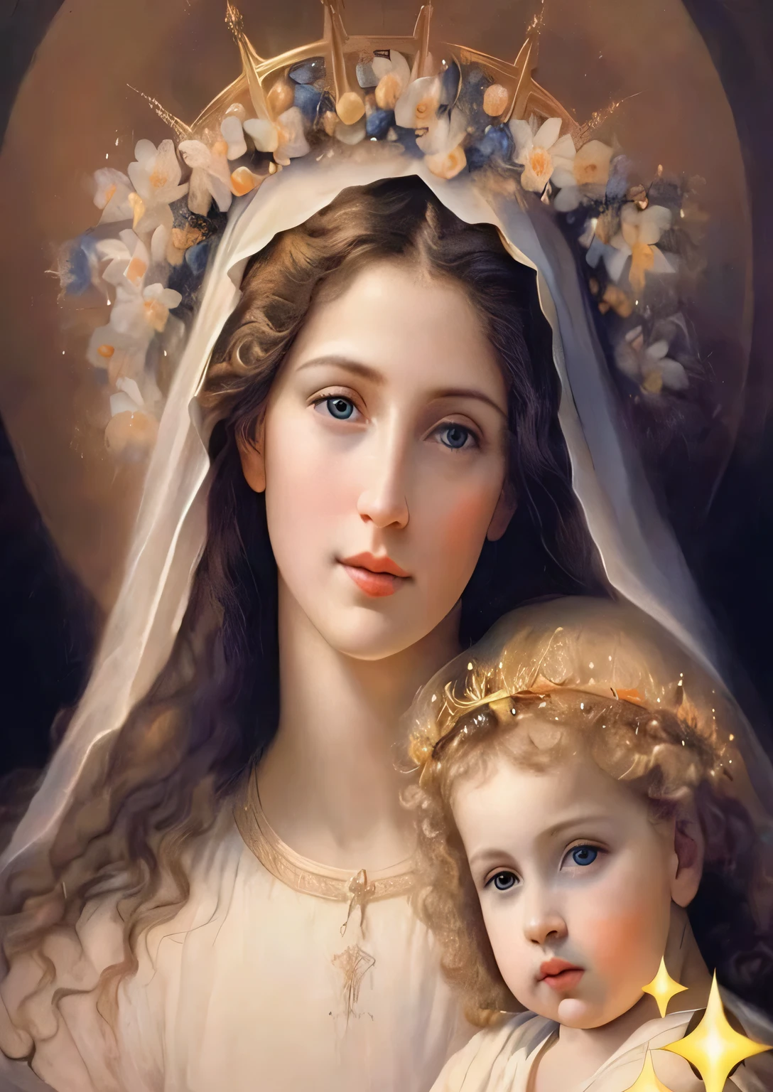 a painting of a woman holding a baby wearing a crown, Virgem Maria, queen of heaven, com jesus, portrait of Virgem Maria, majestosa mulher santa, catholic religious art, foto muito bonita, retrato muito bonito, pintura de lindo, beautiful representation, Direction: Roman Bezpalkiv, imagem de perfil, santo e lindo, Deusa linda, retrato de deusa 3d, linda arte