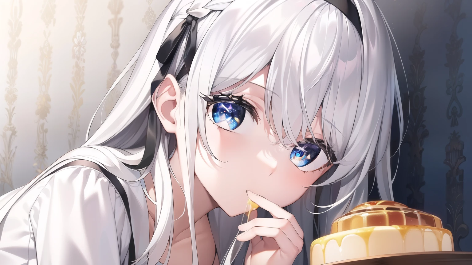 ((masterpiece, best quality))++, Detail lights+,  detail hair+, Detail hand+ ,1 girl, Honey, long gray hair,   dark blue eyes,  beautiful eyes, Young gray hair,,(beautiful white hair:1.5),(beautiful eyes),    high resolution+,   black stockings  ， a white pajamas, Glass tones, Reflective eyeanyery detail wallpaper, original, ,Headband，Characters are eating