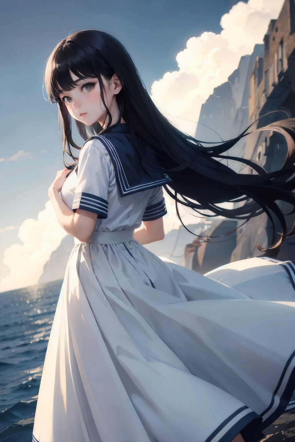 highest quality、cinematic lighting、black hair、sailor suit、long skirt、(Photo 1 seen from below:1)、back view、