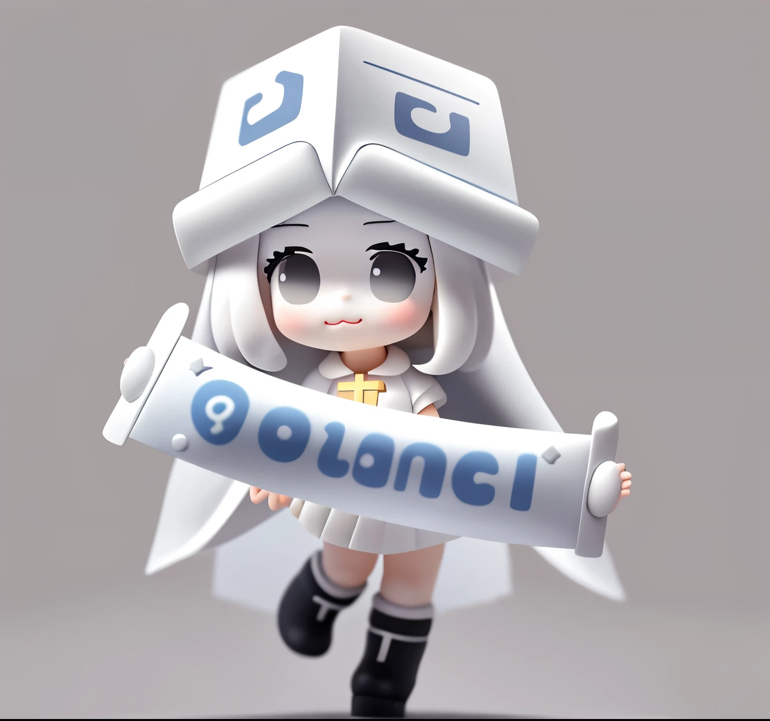 Bubble Mart blind box style,a cute little girl,Holding a blessing banner,Wearing a white box-shaped hat,princess cut hairstyle,Off-white hair,Wearing dark gray skirt and boots