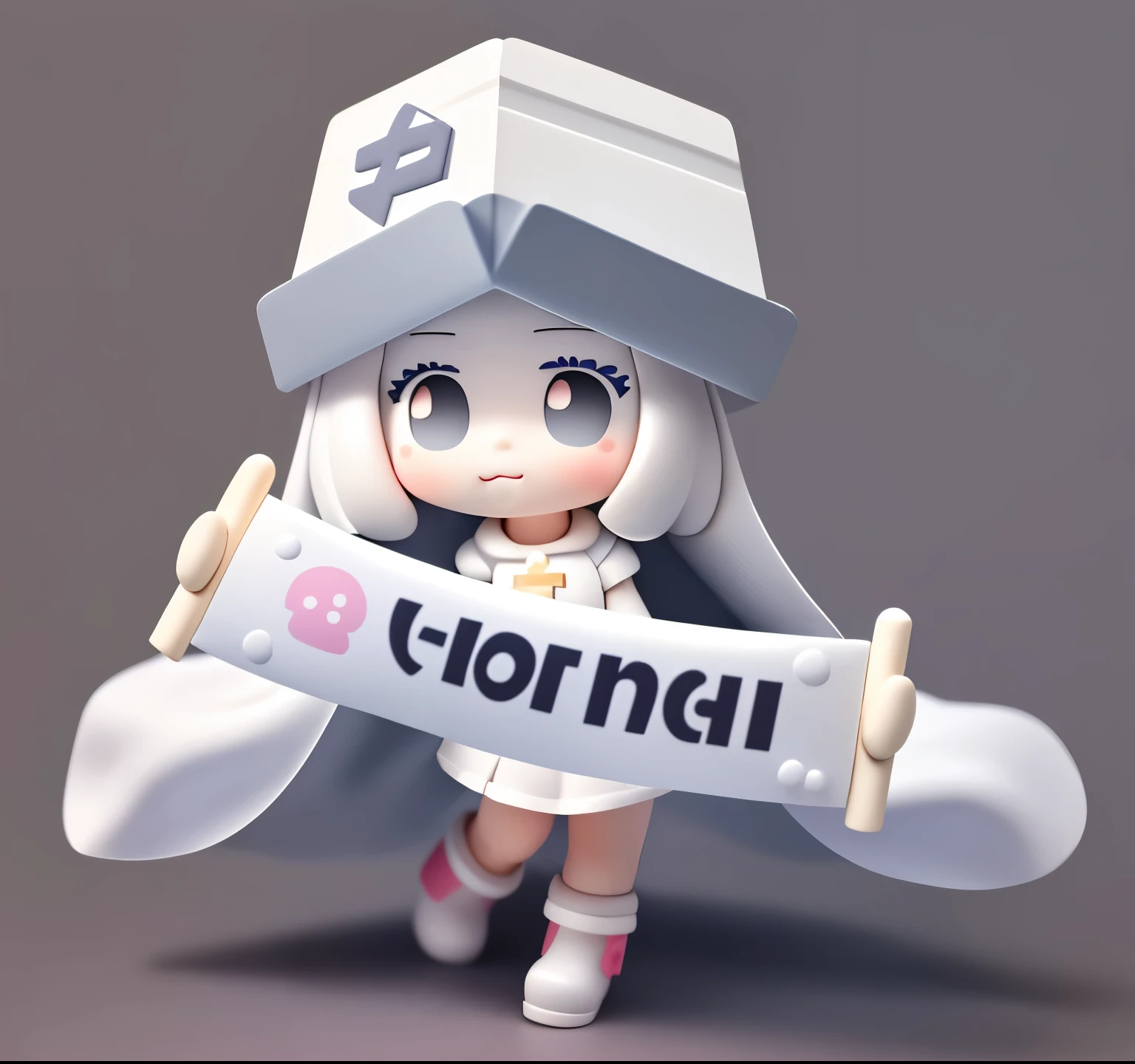 Bubble Mart blind box style,a cute little girl,Holding a blessing banner,Wearing a white box-shaped hat,princess cut hairstyle,Off-white hair,Wearing dark gray skirt and boots