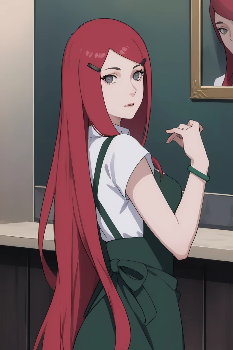{-erro_de_anatomia:1.0} kushina, kushina, long hair, hair ornament, red hair, red head, hairclip, (grey eyes:1.5), BREAK shirt, dress, jewelry, white shirt, short sleeves, apron, bracelet, green apron, collar, BREAK looking at viewer, upper body, full body, cowboy shot, BREAK indoors, BREAK (masterpiece:1.2), best quality, high resolution, unity 8k wallpaper, (illustration:0.8), (beautiful detailed eyes:1.6), extremely detailed face, perfect lighting, extremely detailed CG, (perfect hands, perfect anatomy),backwards, looking back, with your husband, Minato.