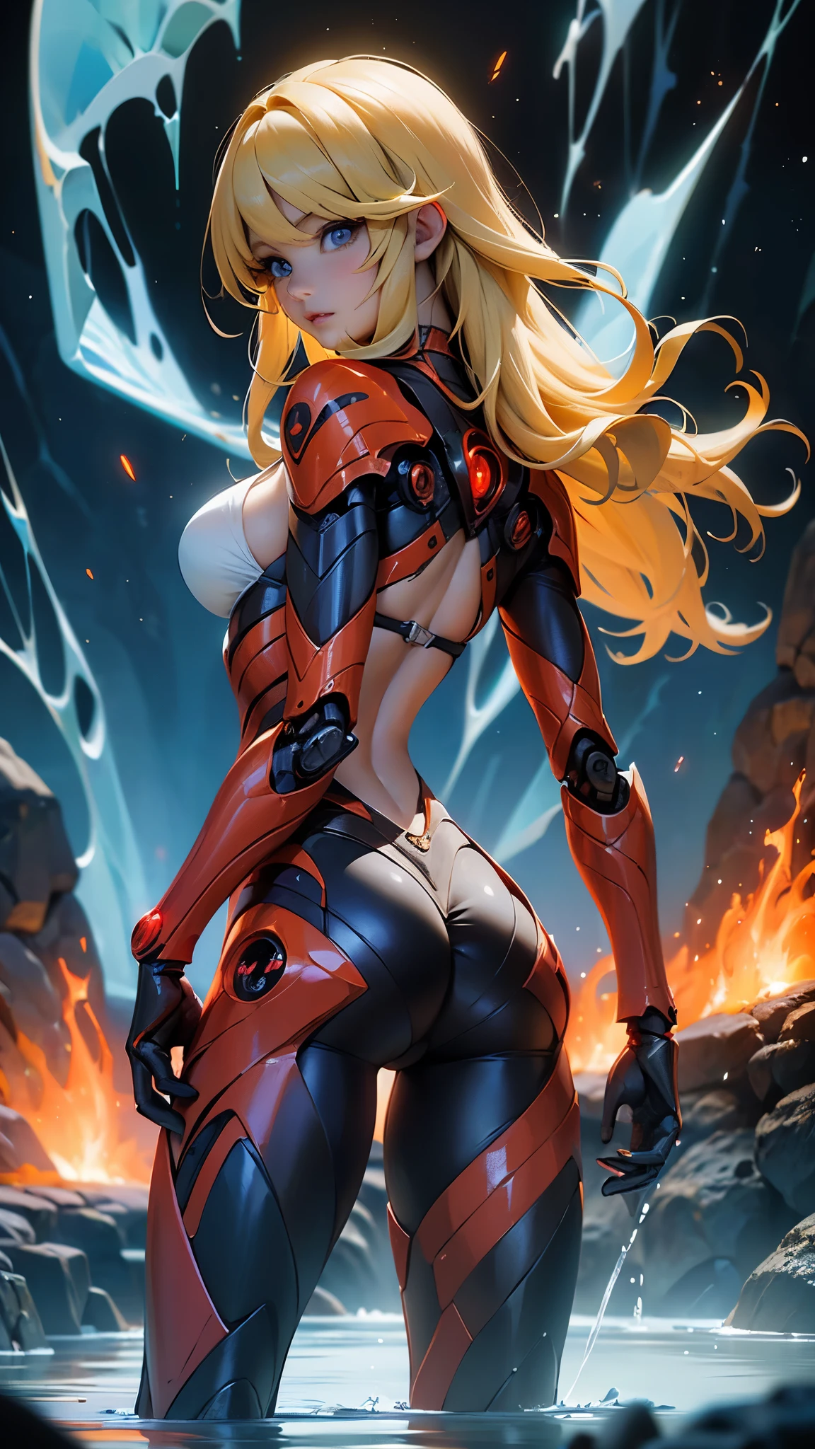 (rear view, backside view),,(La mejor calidad,A high resolution,Ultra - detallado,actual),Ariana Grande cyborg in yellow bikini with children&#39;pique, dentro una caverna de hielo congelado, (fondo cristales de hielo grandes :1.4), More detailed 8K.motor irreal:1.4,HD,La mejor calidad:1.4, fotorrealista:1.4, textura de la piel:1.4, obra maestra:1.8,obra maestra, mejor calidad,objeto Objeto], (rasgos faciales detallados:1.3),(Las proporciones correctas),(Ojos hermosos azules:1.4 ),  (pose vaquero), (dedos detallados cyborg :1.4), (bikini estilo kawaii ciborg white :1.4), (Cabello largo completo rojo magma ), (perfect anatomy 2.1), (robot ciborg blanco magma :1.4), ,( ciberpunk 2.1), (MarArt 2.1), (circuitos de robot esqueleto de metal magma :1.4),( cayendo lava magma:1.4 ) , 