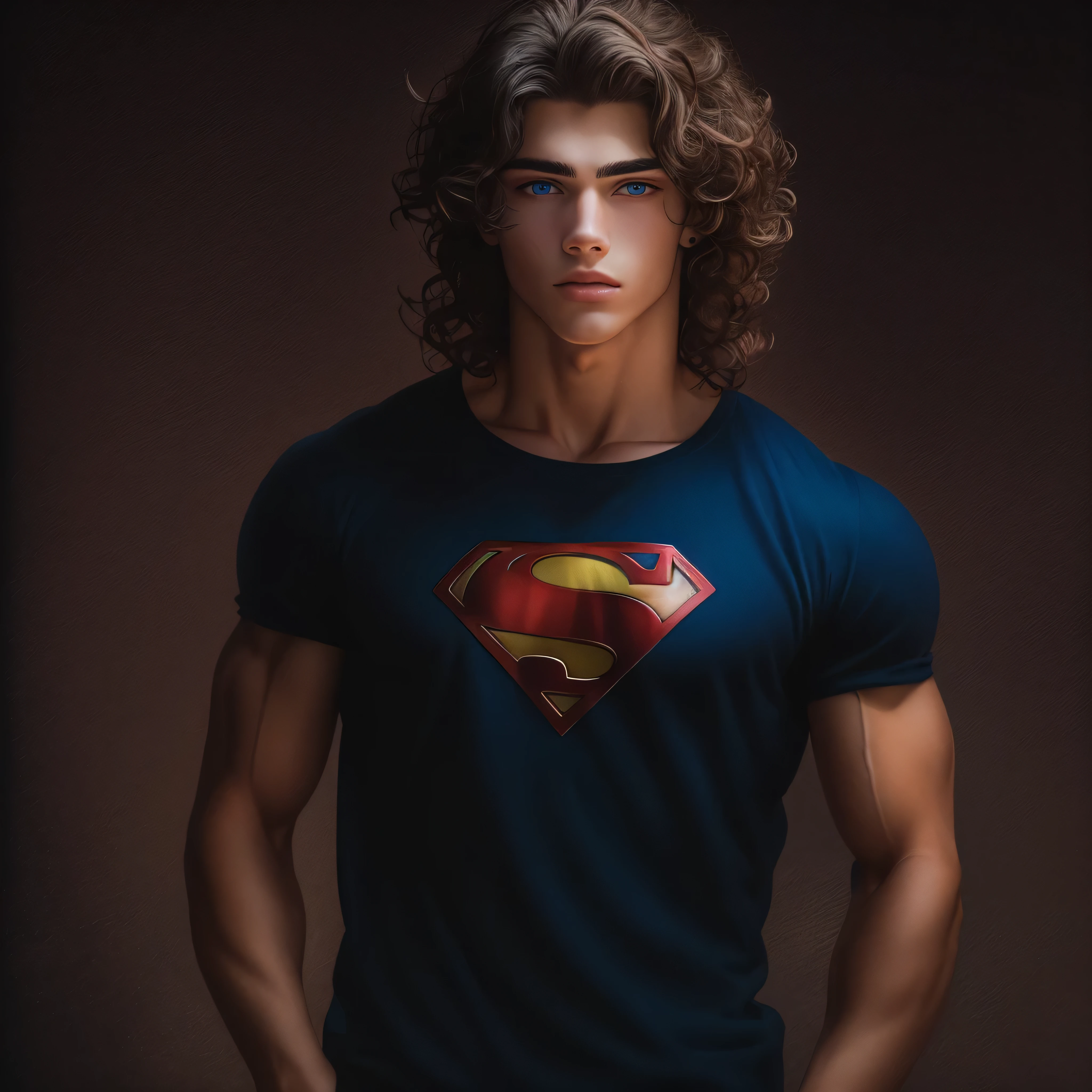 portrait of a handsome male model, 18 years old, black shirt with superman symbol on the front, jean pants, without beard, with wavy hair, blue eyes, defined muscles, fit, ripped body, medium shot, ultra highest detailed face, darmatic lighting, dim light